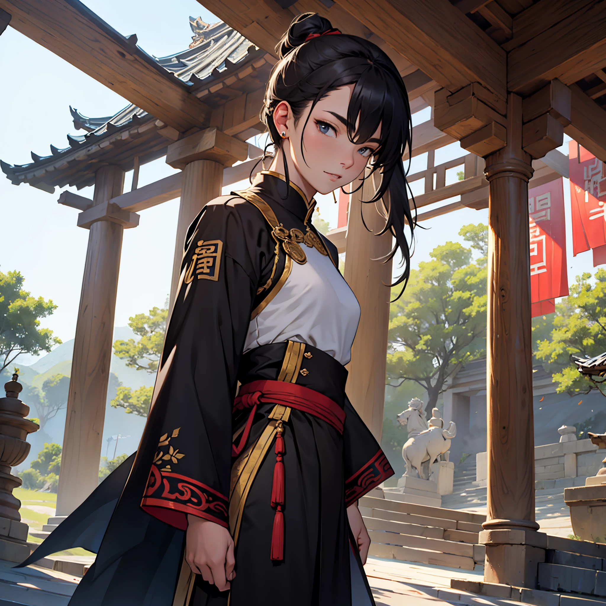 masterpiece, Best Quality, detailed, Cinematics, 4k, Background with:In front of a pavilion inside an ancient Chinese city, Jecheon Daeseong wearing black uniform and armor