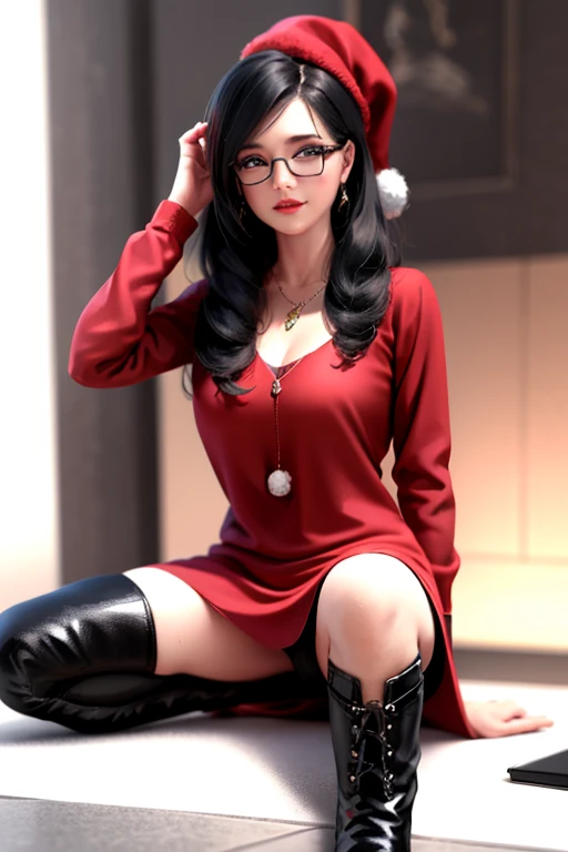 Estilo anime, ................3d, Uma mulher de 27 anos com cabelos marrom na altura dos ombros, brunette and wearing glasses, exibindo um estilo ousado e rock'n'roll. Ela vestindo um vestido de natal vermelho, On his head a red Christmas hat . On the feet, ela usa botas de couro preto com fivelas e sola robusta. Your hair a little messy, complemented by an intense red lipstick and black eyeliner that enhances your eyes. Ela possui seios pequenos e um olhar sedutor.