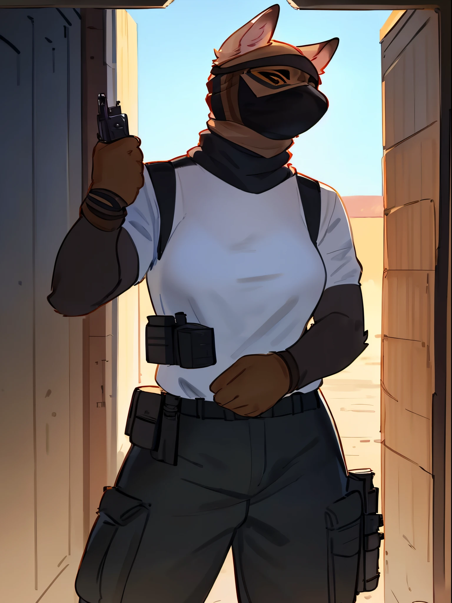 By bebebebebe, by lostgoose, by goonie-san, solo, female, standing, feline, (((balaclava, ears))), white long sleeved shirt, light pink sweater vest, black cargo pants, holding pistol, glock, holding glock, battlefield