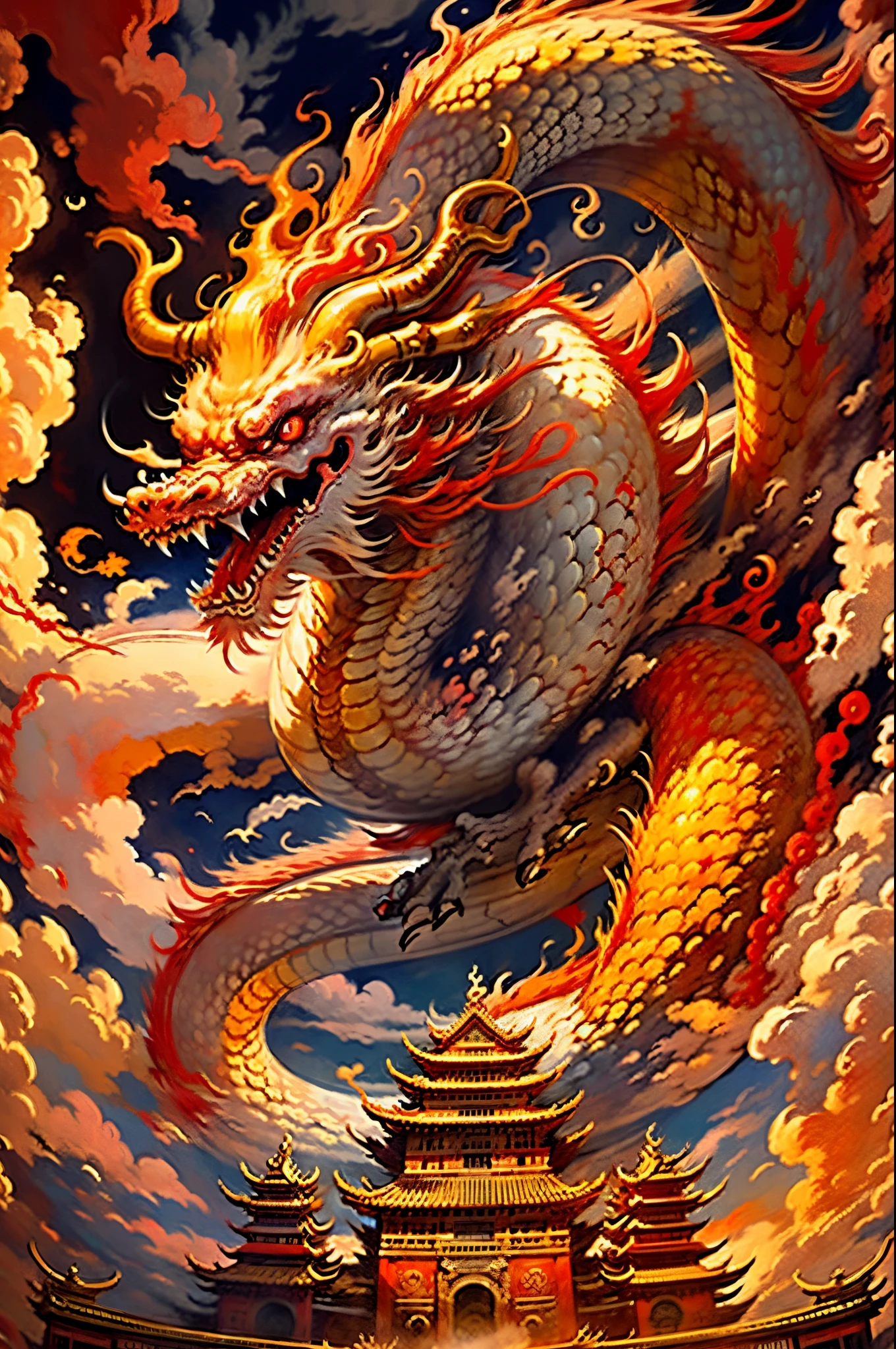 Best quality,masterpiece,ultra high res,?? no humans, (long:1.2),no humans, cloud,east asian architecture, red eyes, horns, open mouth, sky, fangs, eastern dragon, cloudy sky, teeth, flying, fire, bird, wings