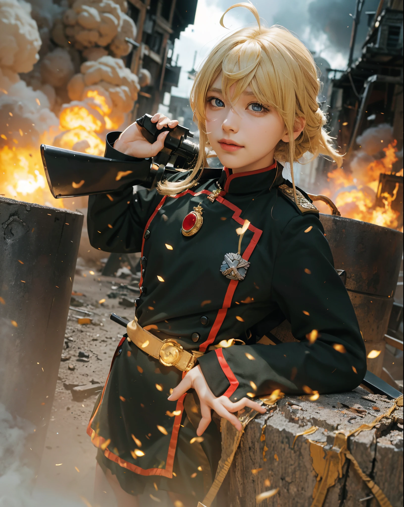 ((Tanya von Degurechaff Youjo Senki)),((realistic, photorealistic)),(highlight hair)), Light reflection, (( HD )), navel, detached sleeves,((upper body)), (((best quality, masterpiece))),Dressed as a war soldier, with a war hat on his head, yellow hair, sitting in the position of the main character,World war destruction background,Particles fire,Smoke,Britt Baker portrait photo beautiful woman hair updo upsweep nightclub sitting on luxury bench Black (masterpiece) (best quality) (detail) (8k) (HDR) (wallpaper) (cinematic lighting) (sharp focuasterpiece, best quality: 1.1), 1girl solo, tanya, 1girl, solo, petite, flat chest, small breasts, curvy, military, military uniform, military salute, general hat, cute smile,red eyes, background World War ,Holding a weapon,The barrel exploded