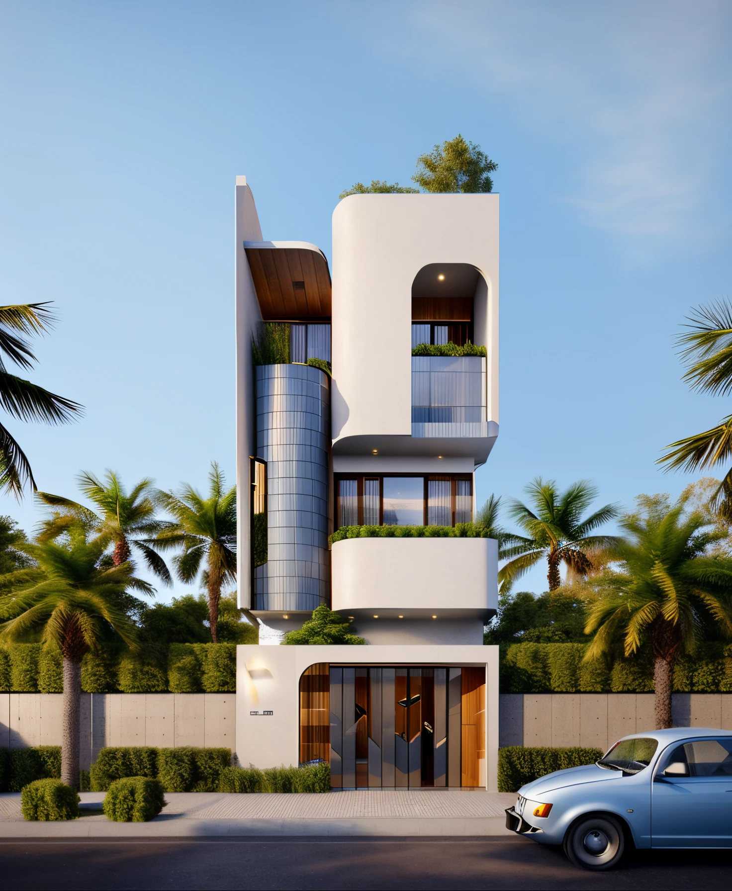 rendering of a modern residential townhouse, professional render, wide angle exterior 2023, highly detailed render, high quality rendering, realistic render, architectural render, high-quality render, detailed rendering, hyper-realistic render, hyper - realistic render, very realistic 3 d render, high render, realistic rendering, very realistic render