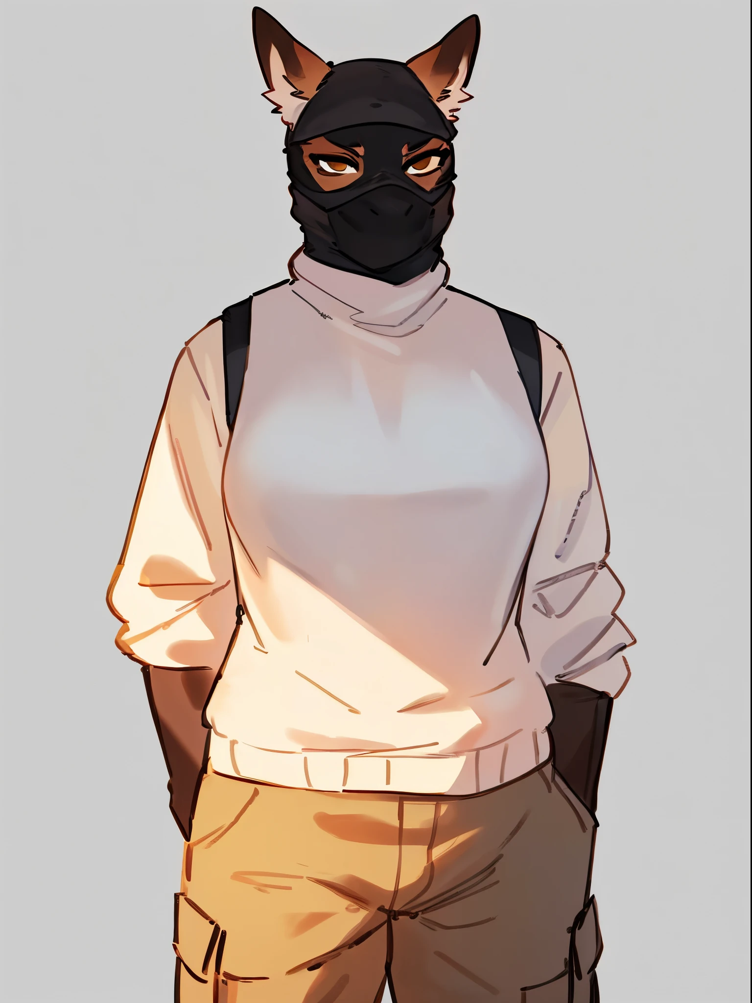 By bebebebebe, by lostgoose, by goonie-san, solo, female, standing, feline, (((balaclava, ears))), (white long sleeved shirt, light pink sweater vest), cargo pants, battlefield