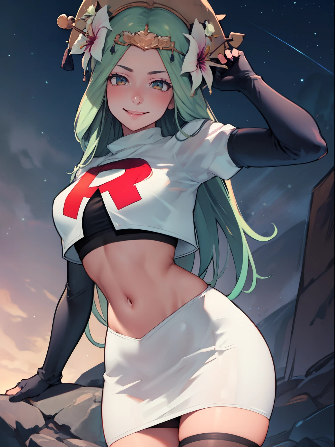 defRhea, headdress, hair flower, team rocket uniform, red letter R, white skirt,white crop top,black thigh-high boots, black elbow gloves, evil smile, looking at viewer, cowboy shot, sexy pose, night sky background