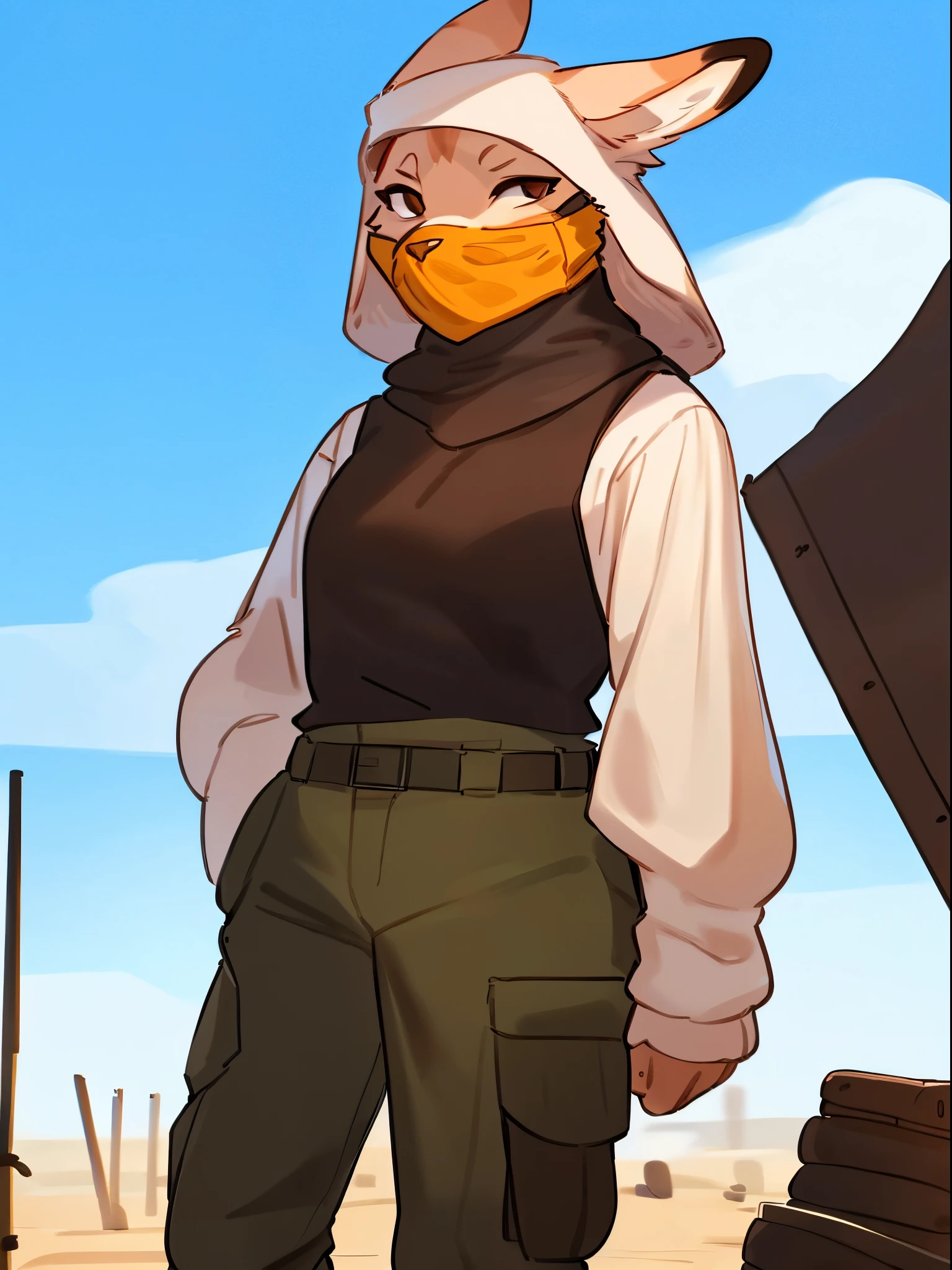 By bebebebebe, by lostgoose, by goonie-san, solo, female, standing, feline, (((balaclava, ears))), (white long sleeved shirt, light pink sweater vest), cargo pants, battlefield