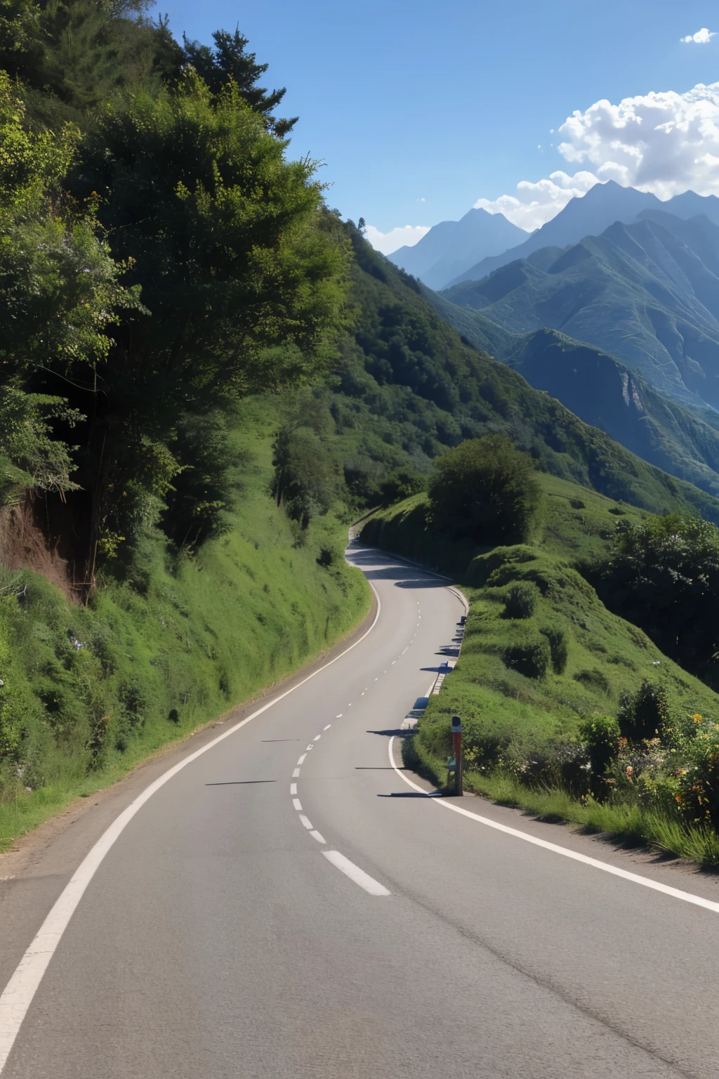 There are 2 mountains，The mountain in front  shorter，The mountain road  relatively wide，The mountain behind  higher，very steep，The mountain road  very narrow