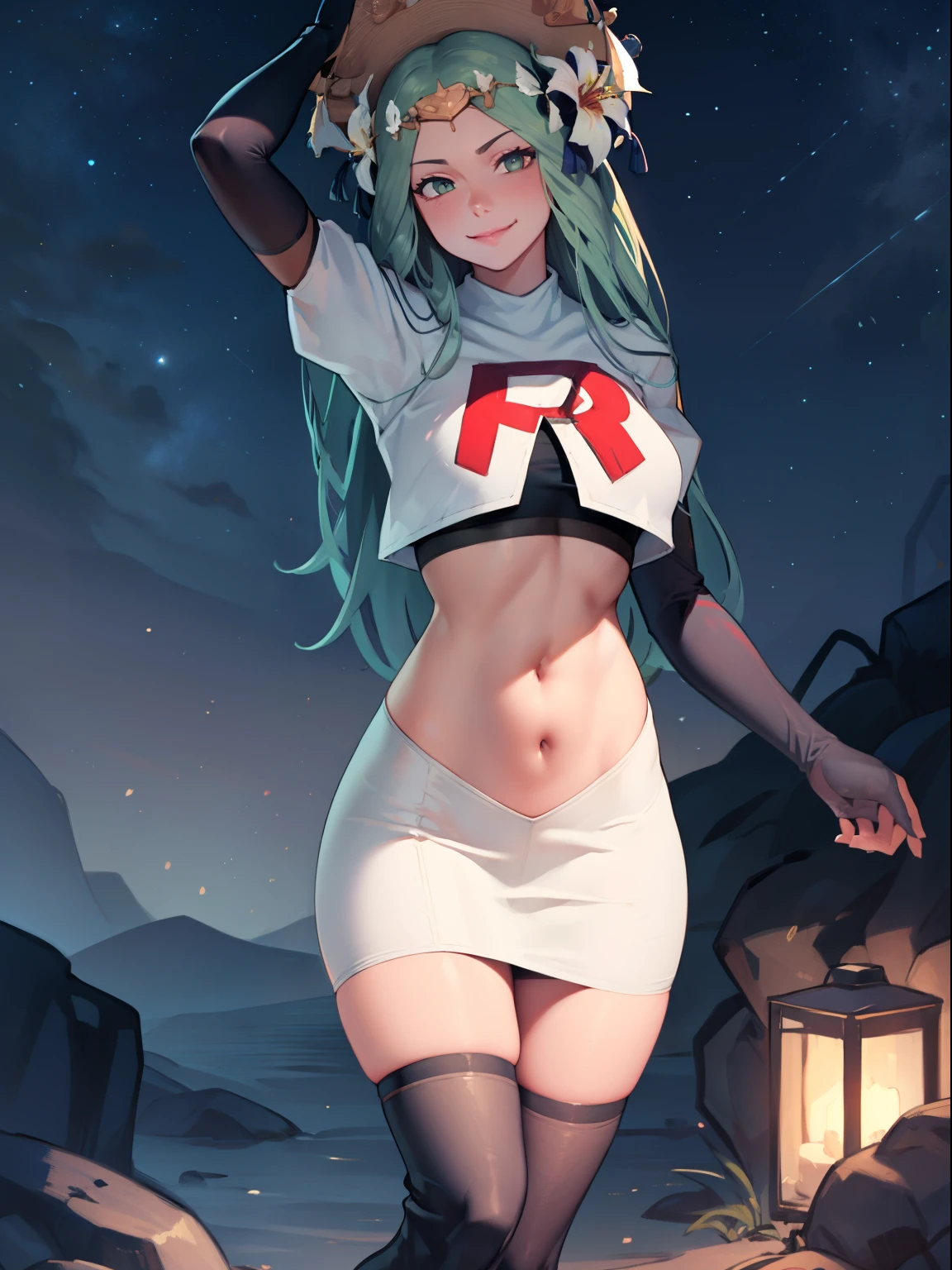 defRhea, headdress, hair flower, team rocket uniform, red letter R, white skirt,white crop top,black thigh-high boots, black elbow gloves, evil smile, looking at viewer, cowboy shot, sexy pose, night sky background