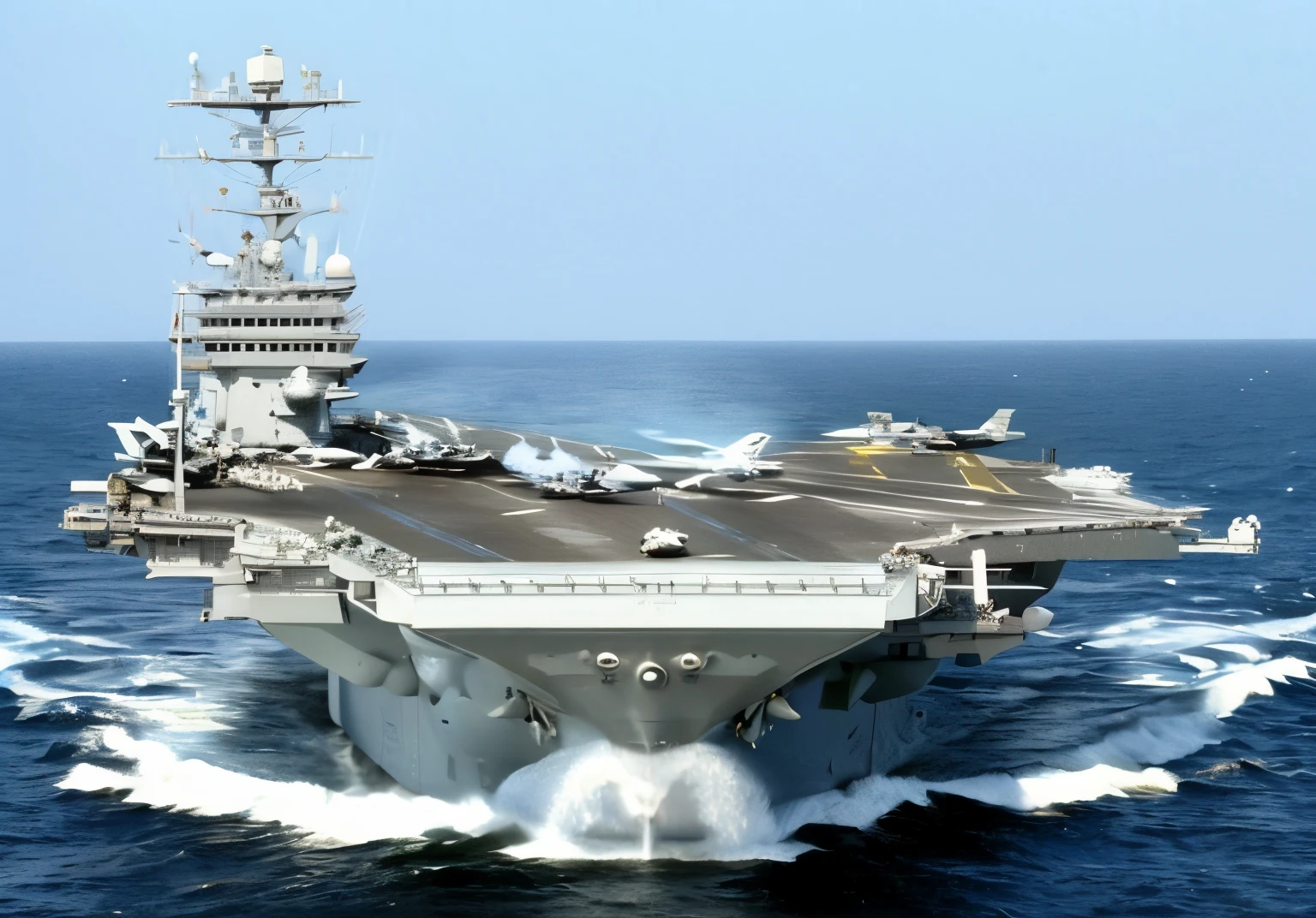 A jet plane flies over the Arafed aircraft carrier at sea., aircraft carrier, USS Nimitz, Aircraft carrier scene, On an aircraft carrier, USS Nimitz, Military Career Rigs, Realistic military career, Facing straight ahead, From the front, Naval background, Space war between China and the United States, warships, rendered, Dramatic front view, Realistic depiction, Militarism