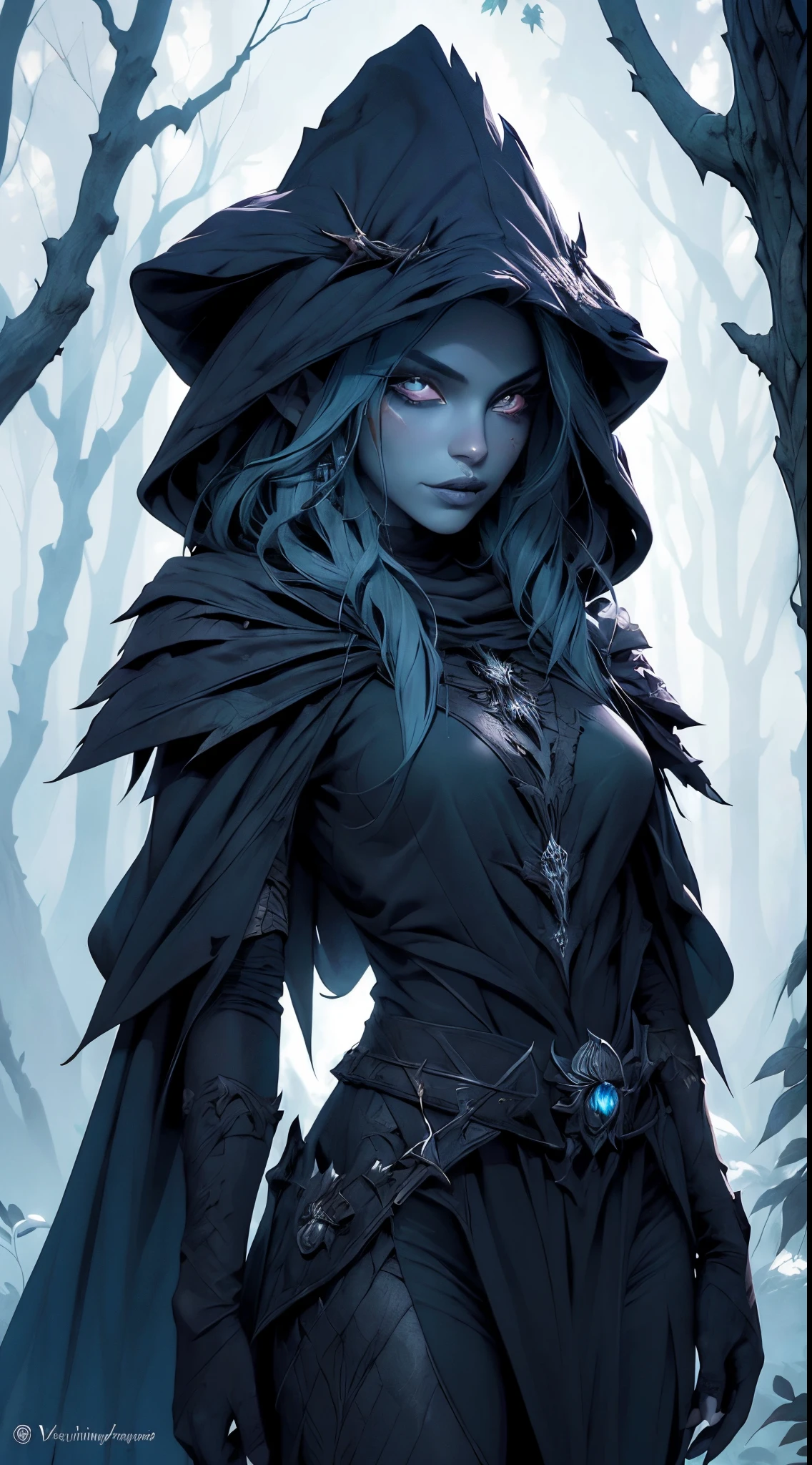 Drow, hembra, orejas puntiagudas, solamente, Once, ombligo, hood, piel coloreada, diafragma, Mirando al espectador, Cabello largo, capa, Elfo Oscuro, senos, cana, capucha hacia arriba, cabo, senos medianos, Capa con capucha, beltt, bolsa, ojos rojos, piel gris, ojos naranjas, Parte superior del cuerpo, arma, ojos brillantes, pieza de pintalabios, La mejor calidad)), arte por Greg Rutkowski, tendencias en Artstation,(fondo bosque tenebroso hojas grandes colors:1.4) ,(Perfect anatomy),(ojos hermosos azules)