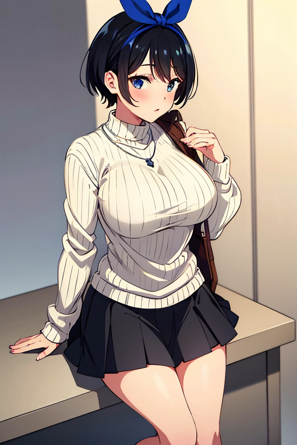 masterpiece, best quality, highres, 1girl, solo, jewelry, skirt, sweater, necklace, black skirt, black hair, short hair, ribbed sweater, socks, turtleneck sweater, turtleneck, white socks, blue eyes, long sleeves, pleated skirt, ribbon, breasts, bow, hair ribbon, hair ribbon, hair bow, bangs, big breasts, sarashina ruka,