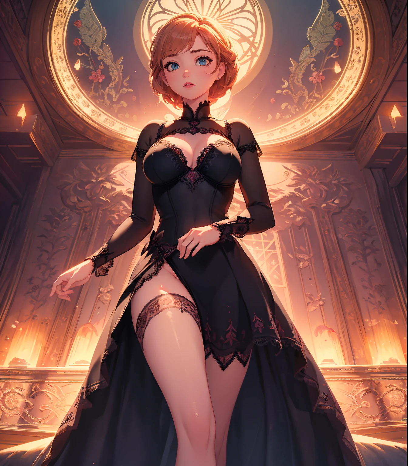 masterpiece, best quality, best illustration, HDR, beautiful details, intricate details, detailed scenery, dramatic light, best shadow, (medium body shot),  (1girl), anna of arendelle, thighs, ((intricate lace lingerie)), (detailed beautiful eyes)
