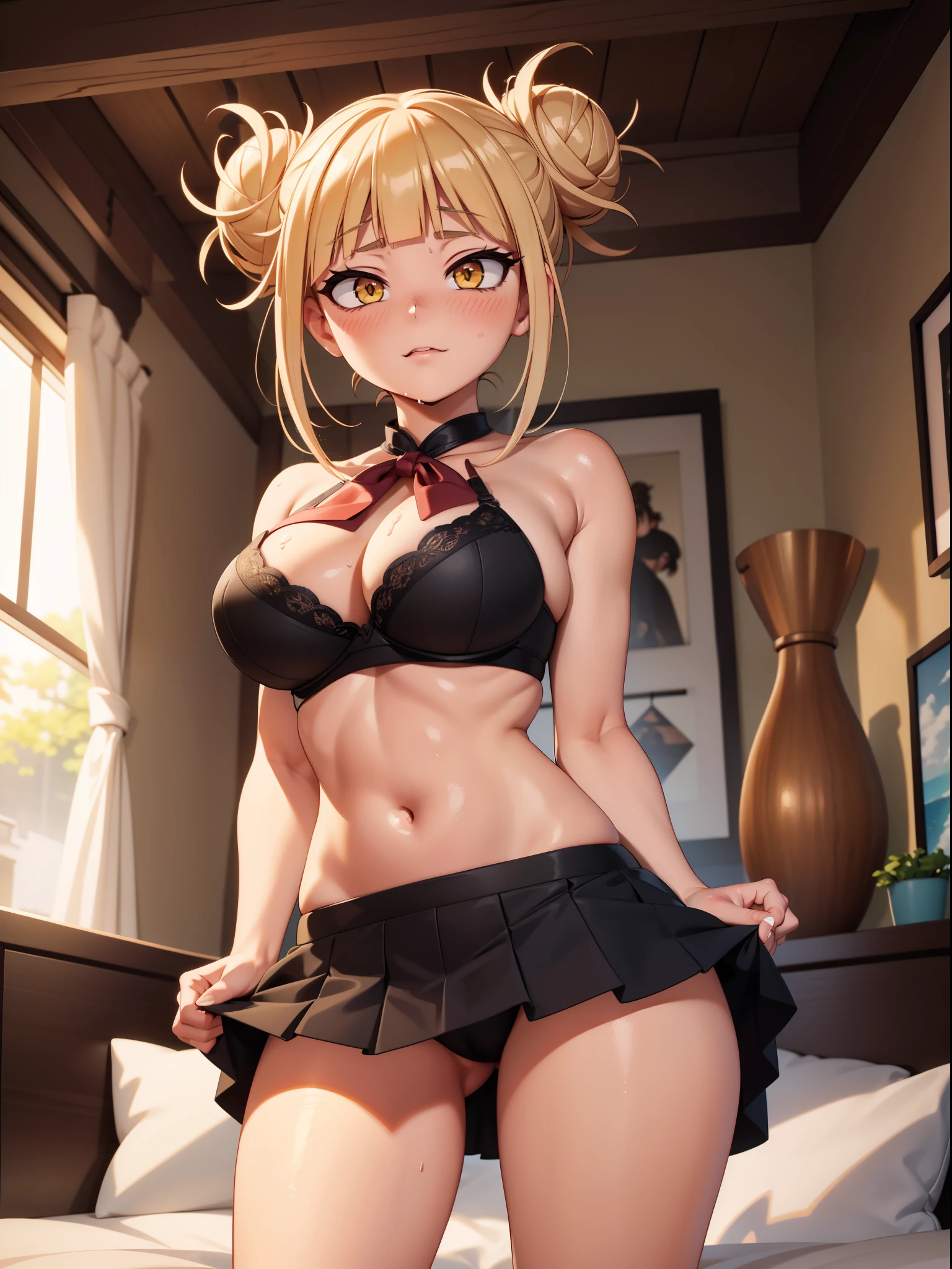 Himiko Toga, 1girl, she's wet, shocked facial expression, Short blond hair, short messy hair buns, wet hair, from underneith,((tmasterpiece),(Very detailed CG unity 8K wallpaper),best qualtiy,,report,1girll,cinmatic lighting,detailed back ground,beatiful detailed eyeright pupils,(Very fine and beautiful),(Beautiful and detailed eye description),ultra - detailed,tmasterpiece,)),facing at camera,Protruding underparts,Camel toes,absurderes,A high resolution,ultra - detailed),she soaking wet,1girll,report,mature,(very long hair,brunette color hair)Emotive expressioniting, bulge,Camel toes,Protruding,Colorful,Most detailed,exteriorully body photo, beautiful eyes, perfect eyes, perfect face, (yellow eyes:1), muscular, bedroom, sexy, round blush, massive huge boobs, black bra, black skirt, red hankercheif on neck, 25 years old, full body, tall, skinny