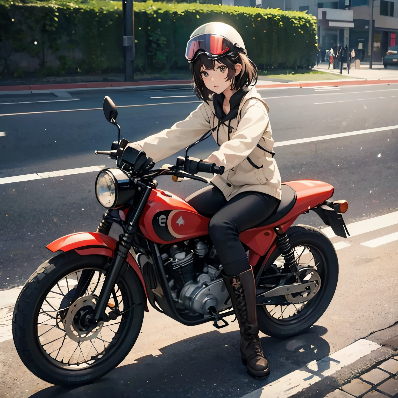 1girl in,Girl riding a Super Cub,Sounds fun, doesn't it?, aren't they?,A dark-haired,Helmet with goggles that allows you to see your face,tre anatomically correct,Precise fingers,Raw feet,Short boots,Super Cub,Waiting for a traffic light,photorealisim,​masterpiece,hiquality