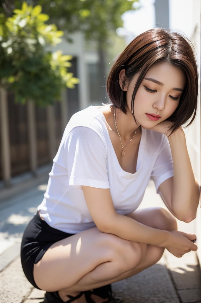 (top-quality、8K、32K、​masterpiece、nffsw:1.2)、Photo of a cute Japanese woman、Black short hair、beauitful face、(Slouched:1.9)、crouching down、(From  above:1.2)、(a closeup:1.4)、POV、Loose chest T-shirt、Beautiful breasts with big breasts:0.9)、outside of house、the wind、shinny skin、blurry backround、