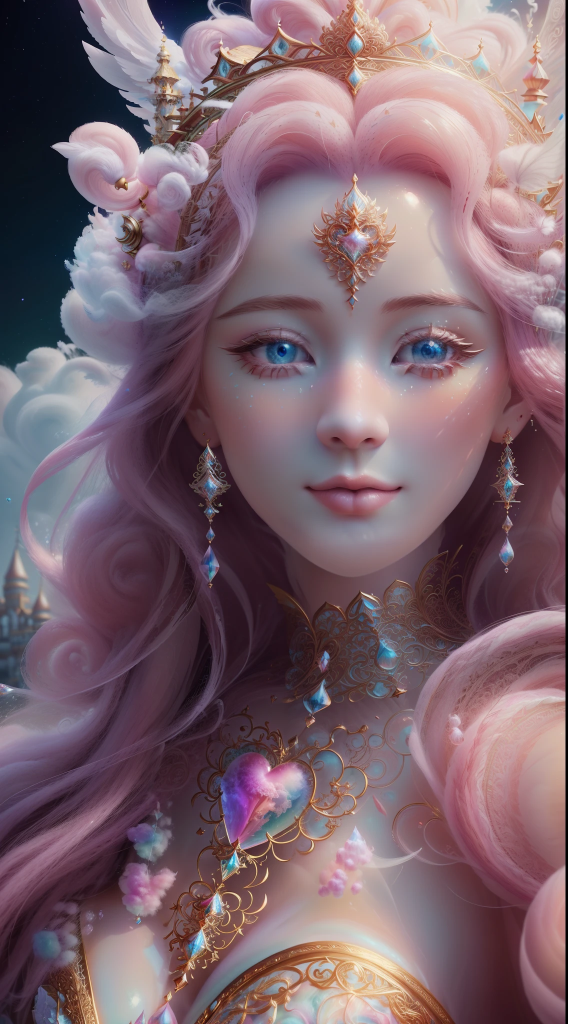 Cotton Candy Queen Women Goddess 8k Resolution Rendered Hyper Realistic Intricate Detail lives in an frosty heart shaped  bubble, a fanciful place filled with castles, cotton candy, swans lakes and fluffy clouds, An intricate visual representation of computer programing, rendered in 24k resolution with intricate details and symbols.