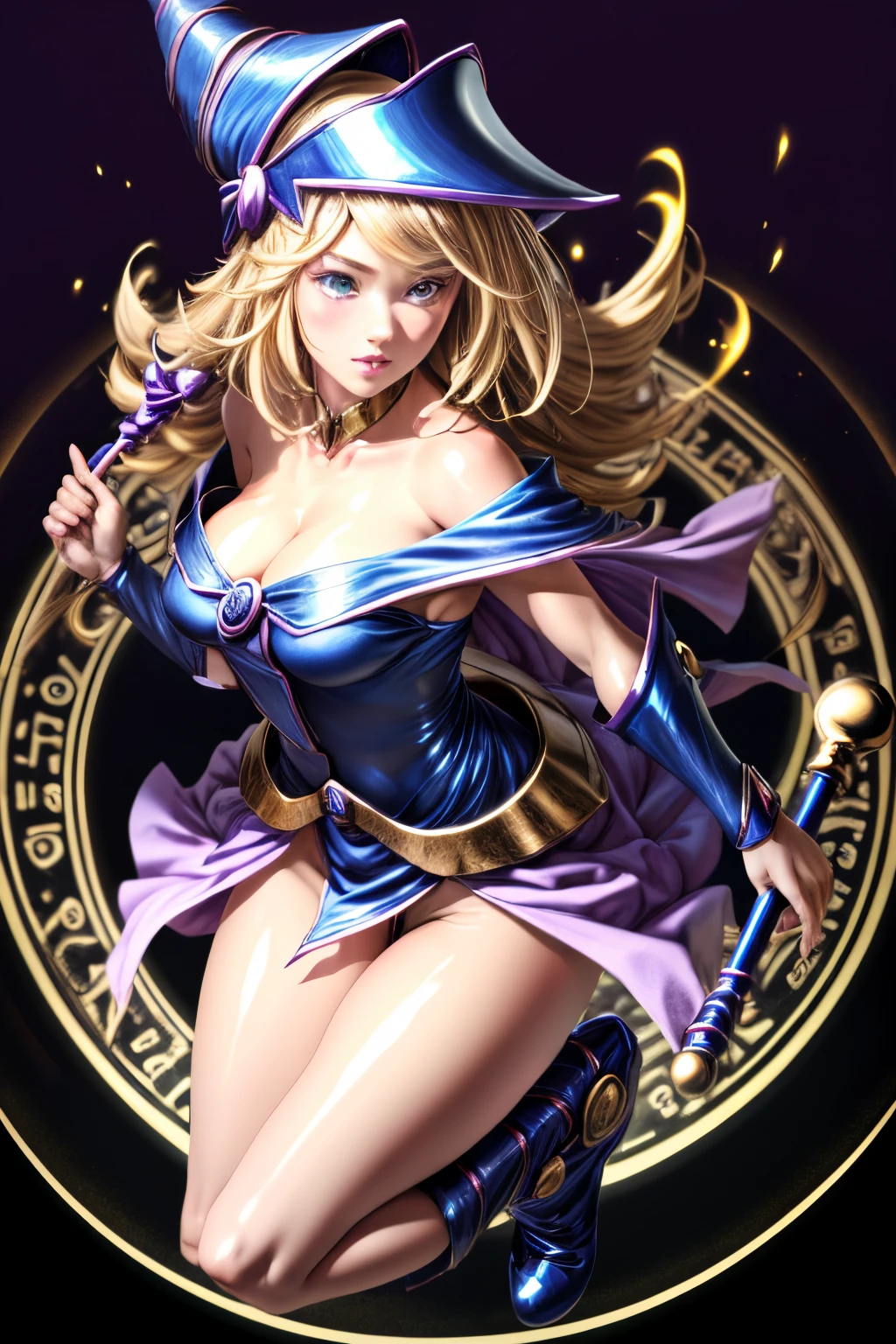 ultra-detailed, extremely detailed, masterpiece, highest quality, best quality, absurdres, highres, dark magician girl, (1girl:1.2), solo, detailed face, dynamic pose, hair flow, (full body:1.1), blonde hair, long hair, looking at viewer, green eyes, skindentation, detailed skin, skin pores, (shiny skin, glossy skin:1.1), rosy skin details, breasts, nail polish, skirt, blue footwear, blue headwear, wizard hat, wand, holding hat, (blue panties:0.9), (summoning circle:1.1), hexagram, pentacle, pentagram, yu-gi-oh!, duel monster, purple magic field, glow, detailed background, intricate background,