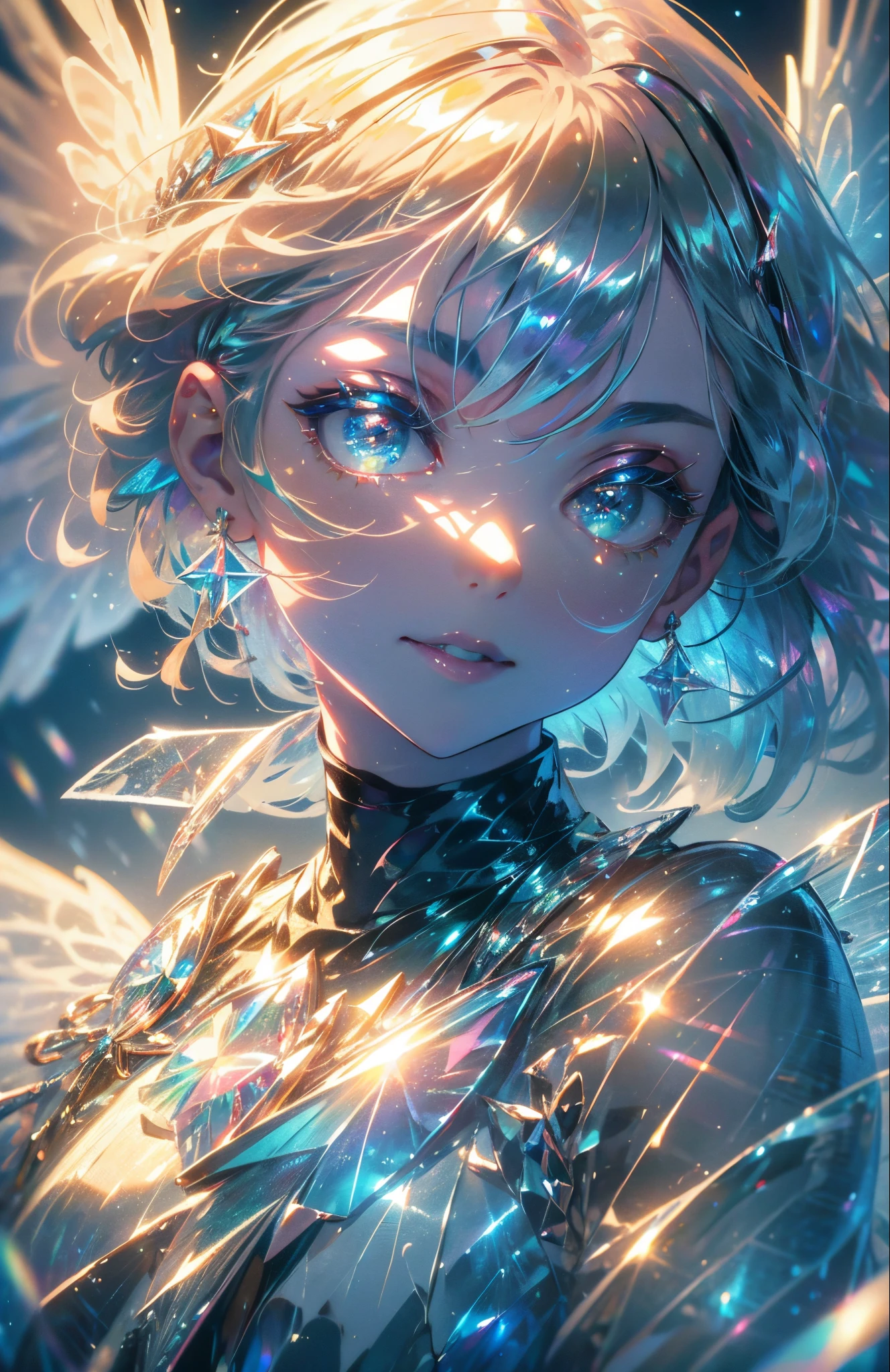 ((masterpiece,hight resolution,8K picture quality,top-quality)),1 female fairy,((extra detailed face)),Little Fairy,Delicate eyes,((Eyes iridescent)),((hairstyle on:buzzcut,Hair that shines when it catches the light)),lensflare,Dramatic makeup,smiling elegantly,Natural complexion,Diffuse reflection of light((colourfull:1.5)),Snowflake,Iridescent wings,Soaring in the sky,Snow at night,Snow sky,illuminations,Full body,