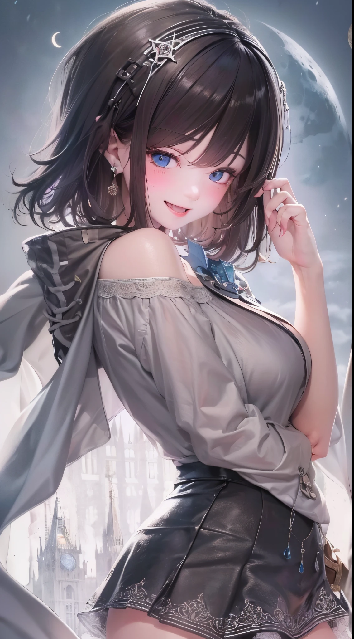 One lady,25-years old,(() ,((())), (()), (())((I'm opening my mouth)),((micro skirt, bodysuit and short cloak))(A smile),,(A dark-haired,),((Fantasy,Moon Night))((Clothes are torn))