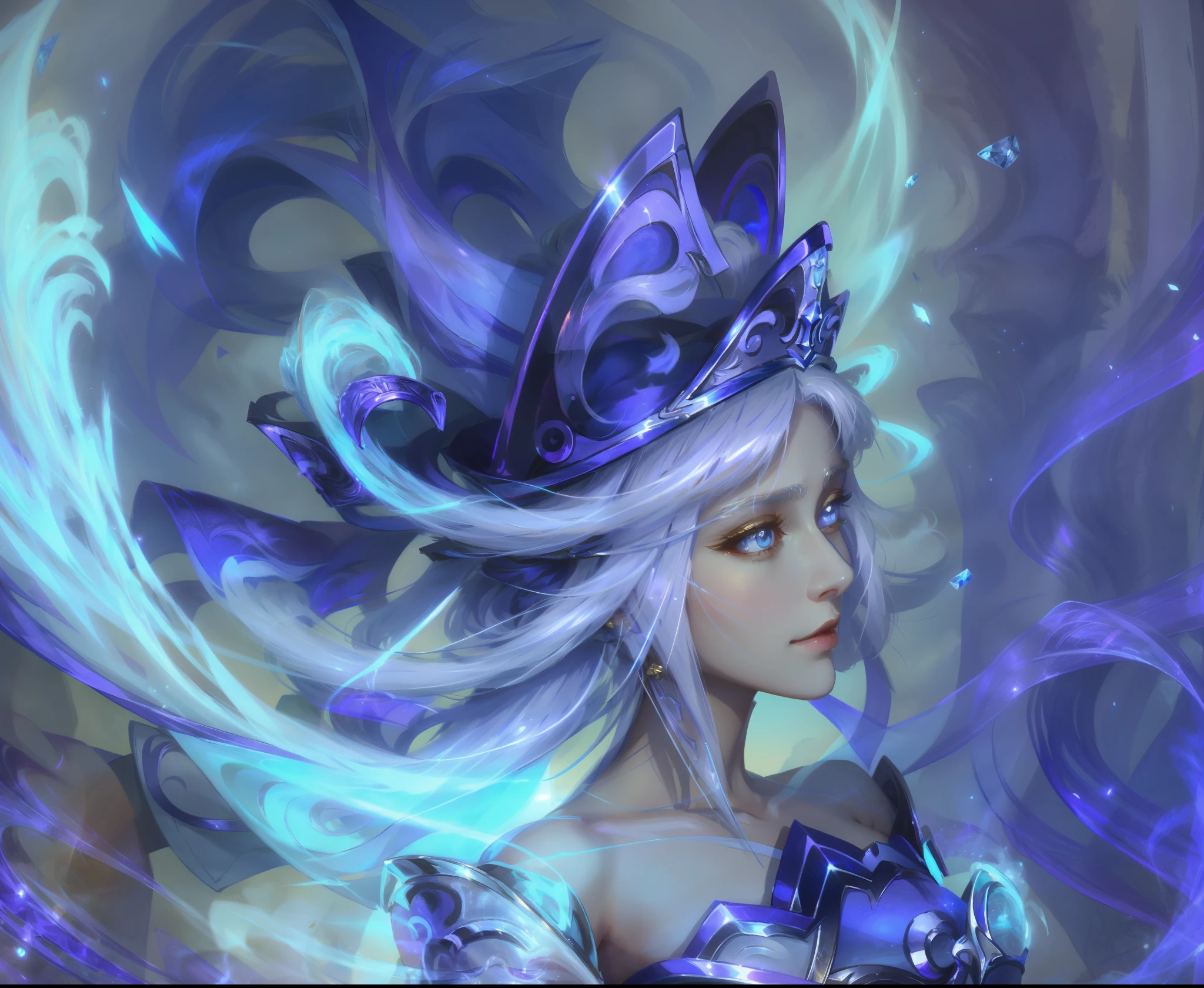 animemanga girl，white color hair，Exquisite silver hair accessories，a blue dress，Wearing a big headdress, Very detailed artistic germ, Details, Irelia, Art germ. high detal, ! dream art jem, onmyoji detailed art, Most models | Art germ, art jem style, art germ on artstation pixiv