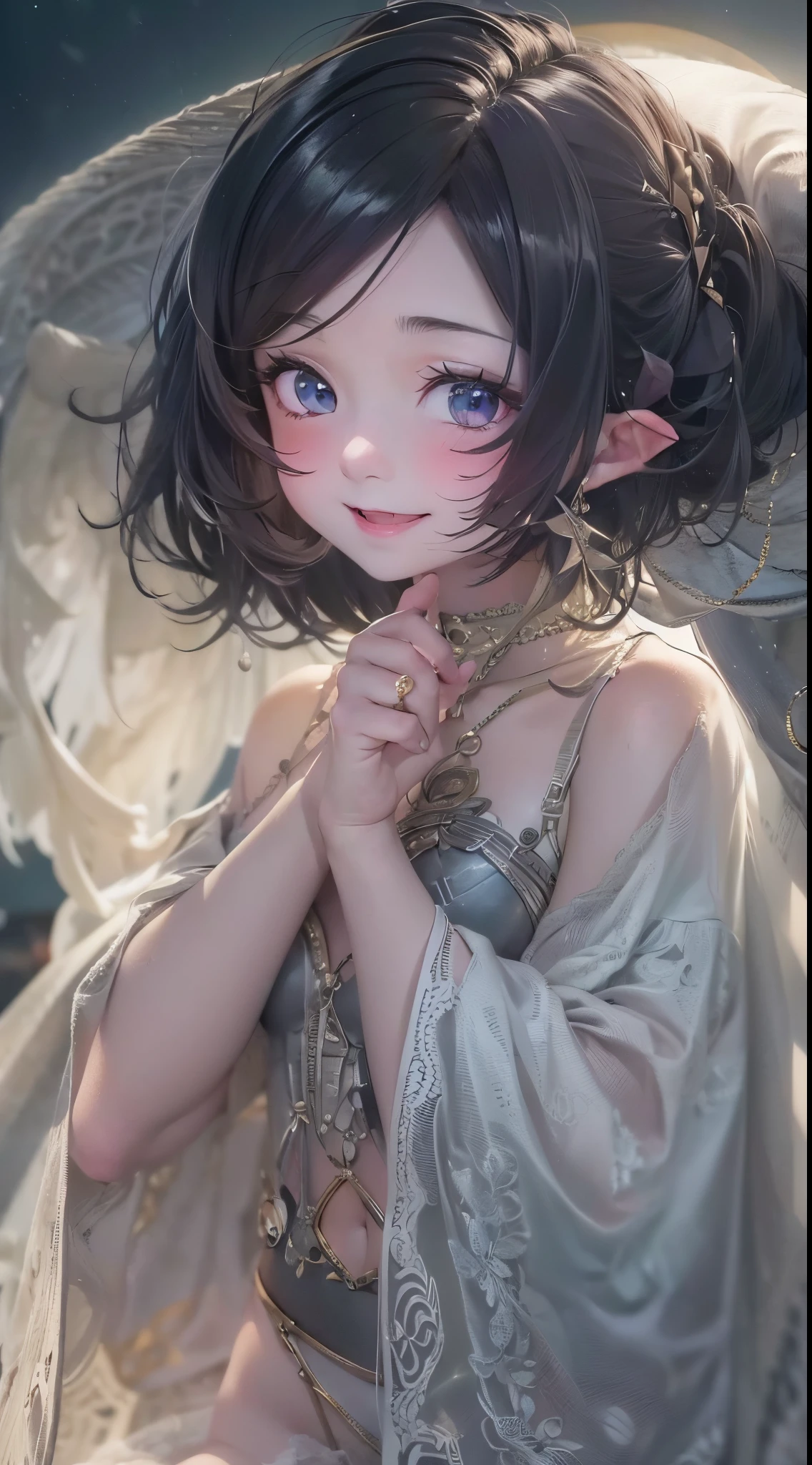 One lady,25-years old,(() ,((())), (()), (())((I'm opening my mouth)),((micro skirt, bodysuit and short cloak))(A smile),,(A dark-haired,),((Fantasy,Moon Night))((Clothes are torn))