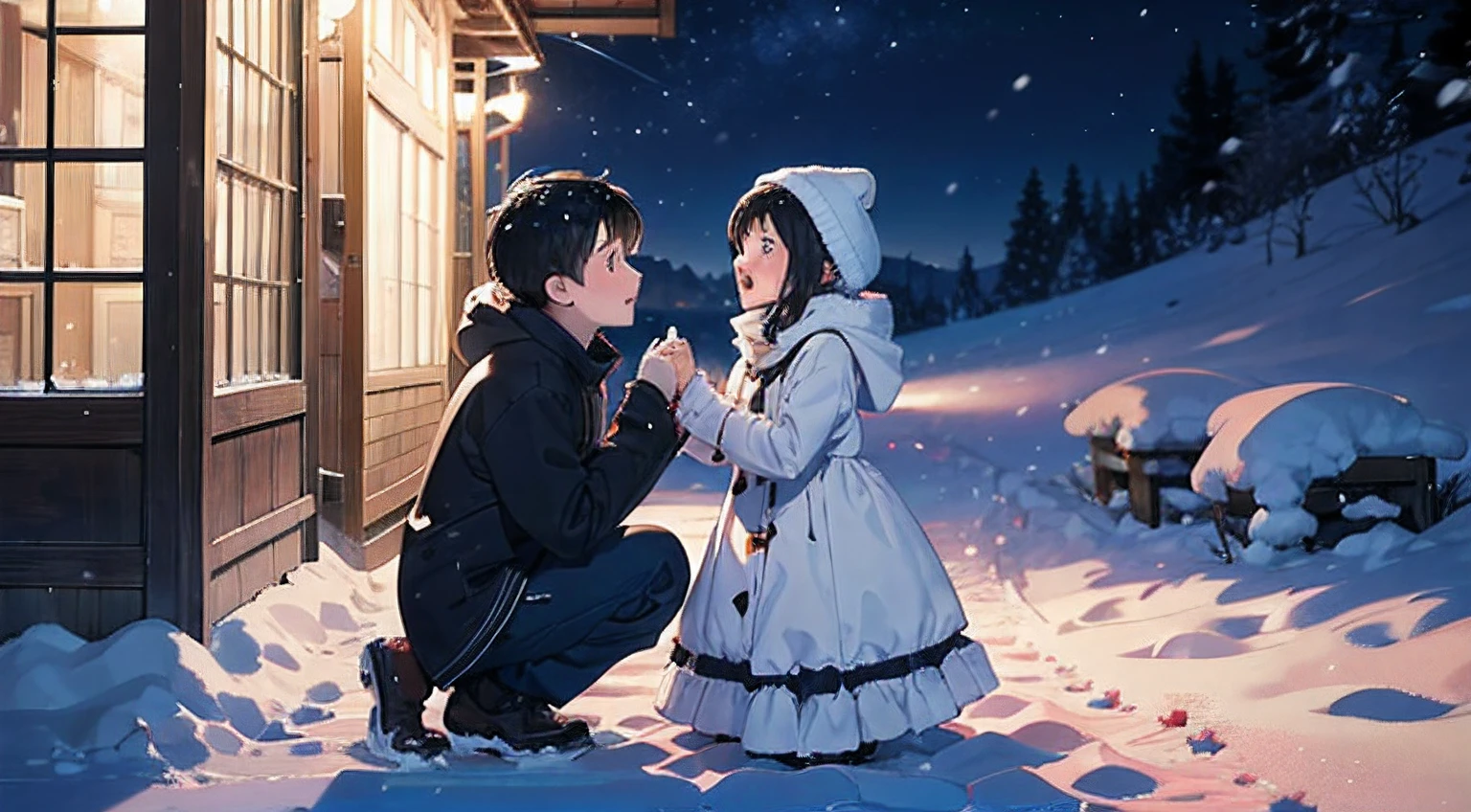 A young girl, Wearing a thin white dress，Standing next to a seated  boy, Kneeling in the snow, wearing winter clothes. it's night time，The ground  covered with snow，It's snowing. Young girl reaches out to him，The littleooked up at her in surprise，photography，hyper HD