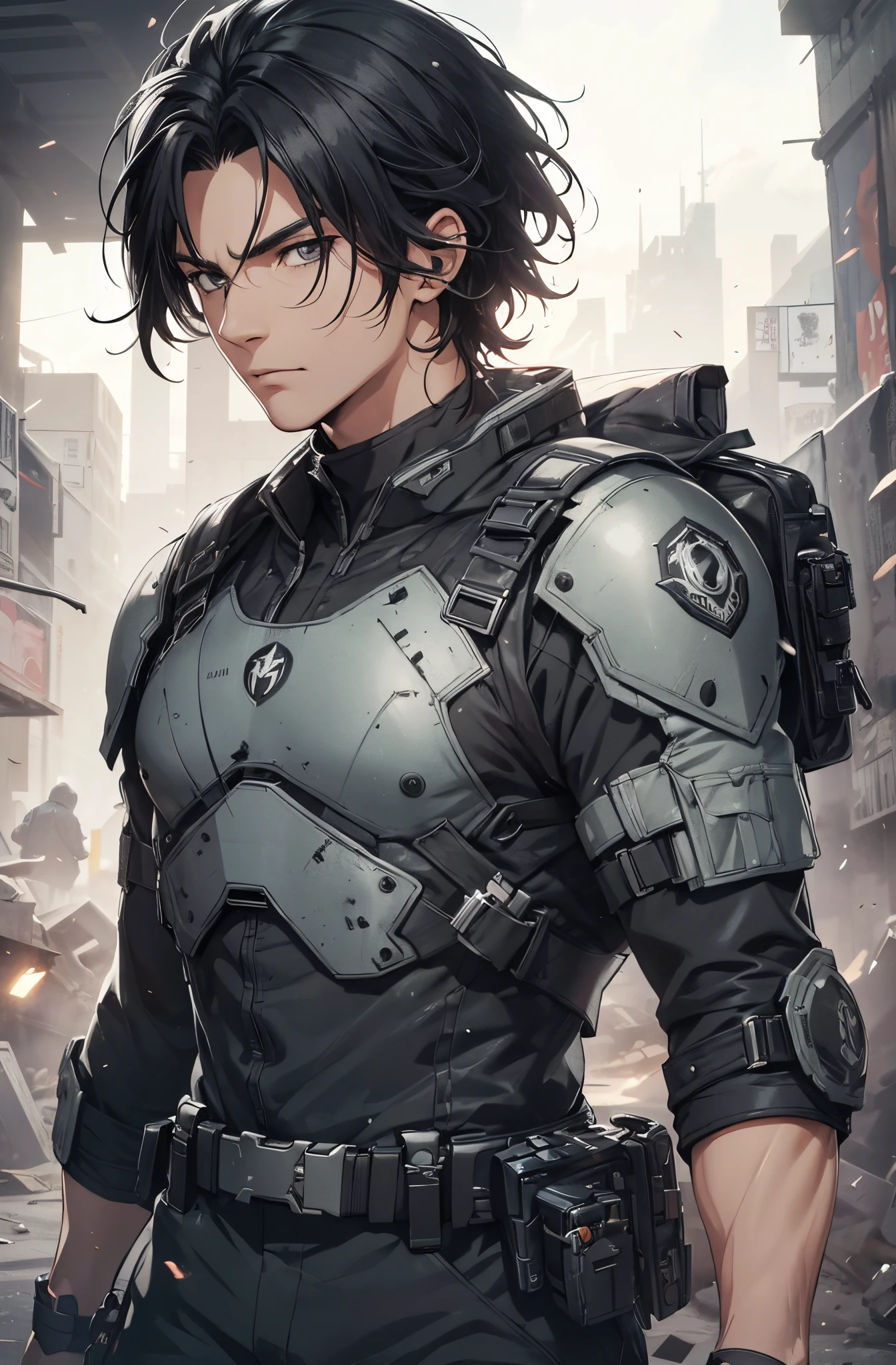 1man, handsome, wild black hair, wearing combat suit, masterpiece, 4k, top quality, highly detailed, official art