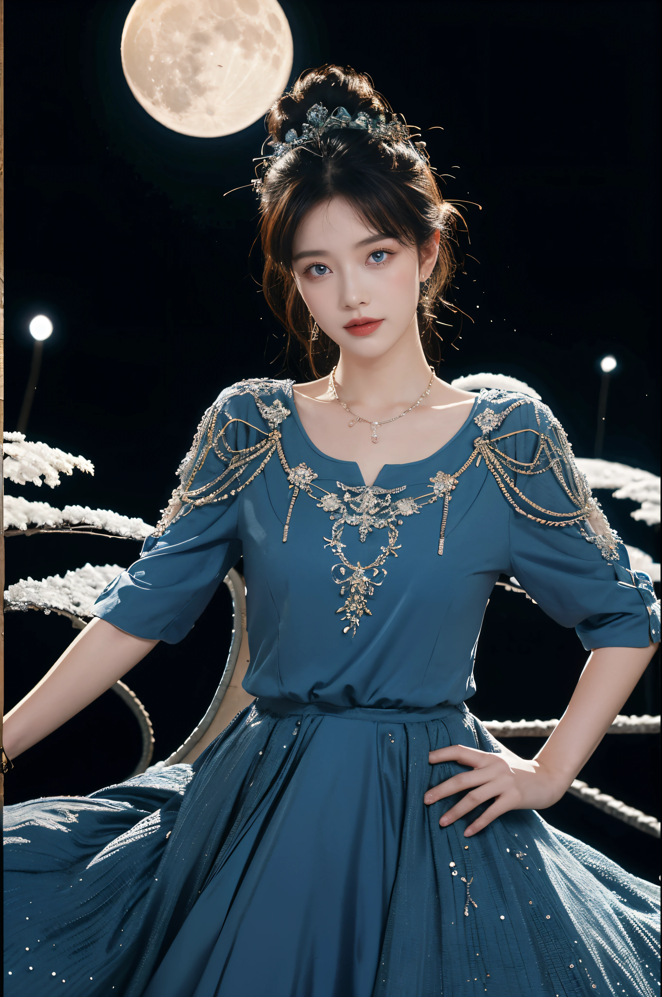 natta, ((1 girl)), Alone, tmasterpiece, 8k wallpaper, A high resolution, Ridiculous resources, High quality background, Short hair details, black hair color hair, multicolour hair, Beautiful frozen village, (moon full), a blue dress, Detailed dress, jewelry:1.2), blue flame, eBlue eyes, glowing light eyes, fiery, Oh, God'beautiful blue crown), electrical, blue electricity, Blue light particles