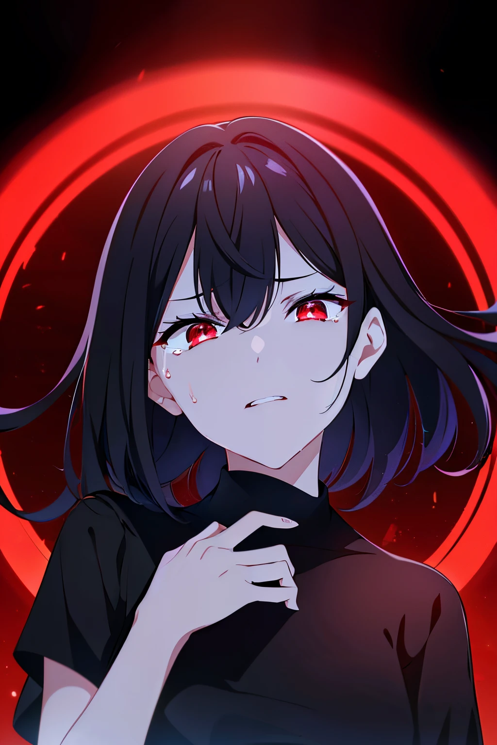 scene:0.9, (masterpiece), best quality, (((ultra detailed, 8k quality))), looking at viewer, (black hair, side bang, expressive red eyes:0.7, glowing red eyes), (depth perception:0.7, black background, blurry background), ((torso)), ((centered)), feminine, sad, lonely, crying, distraught face, surrounded by darkness, (distanced), ((in the distance surrounded by darkness)), (head tilted up), looking at viewer , (perfect hand)