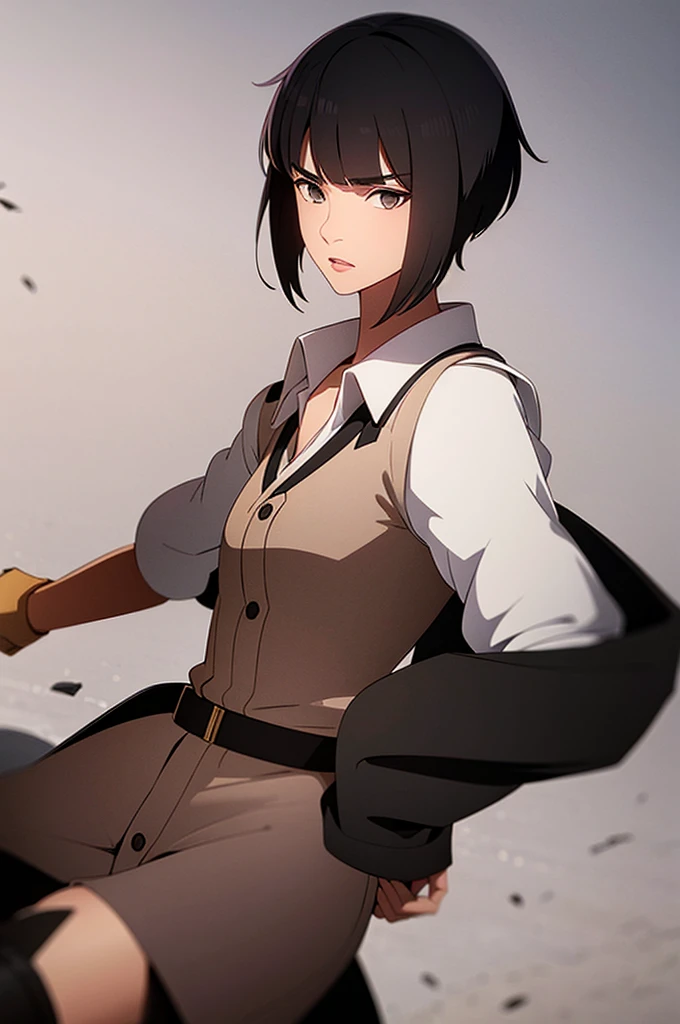 1 girl, black hair, gray eyes, short hair, messy haircut, solo, brown jacket, white shirt, black jeans