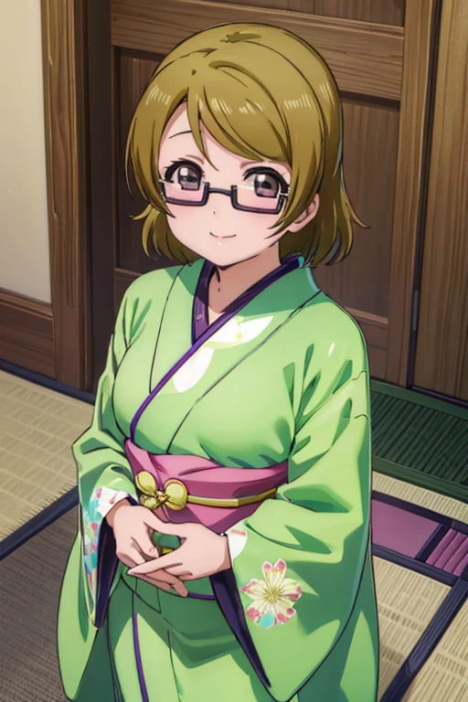 (((pixel perfect, Detail Perfect))), Solo, 1girl in, Hanayo Koizumi, Looking at Viewer, Smile,eye glasses,green kimono,kimono,Furisode,shrines