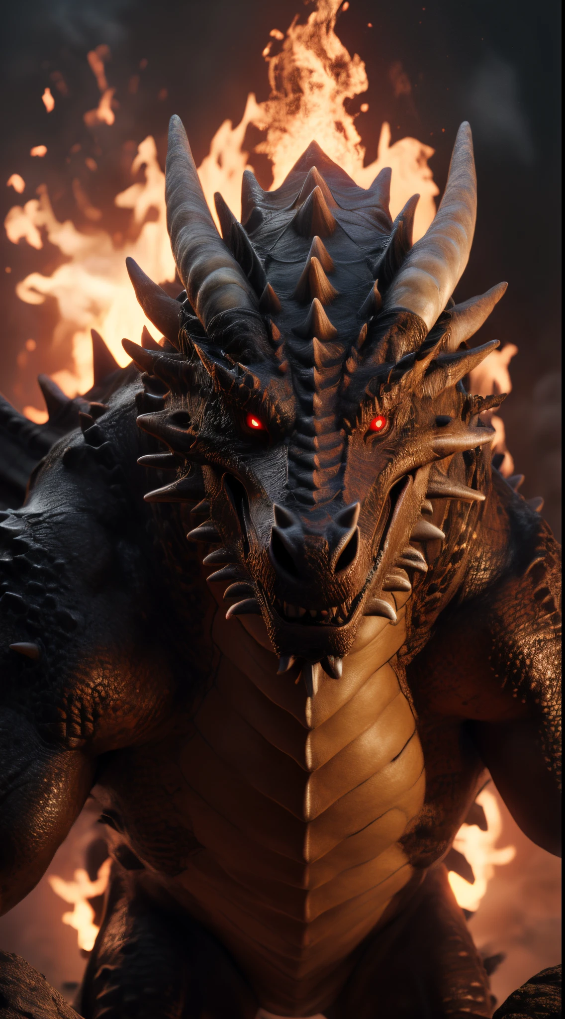 (best quality,16k,32k,highres,masterpiece:1.2),ultra-detailed,(realistic,photorealistic,photo-realistic:1.37),(The ultimate Orochi dragon) glowing red eyes realistic fire background of totally destroyed mountain alone looking at the camera serious expression.
