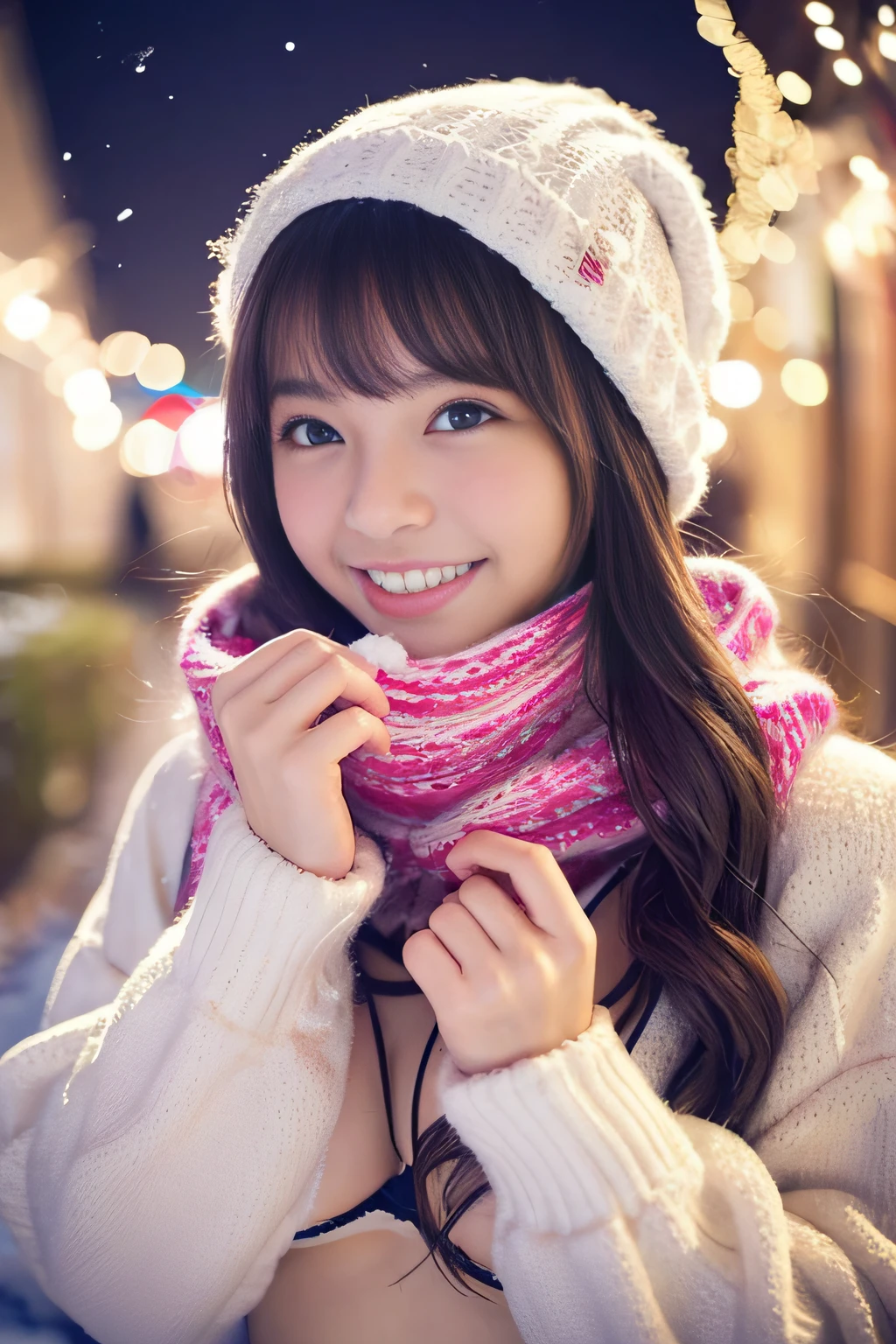 (Best Quality,Photorealistic,hight resolution),2girls,Beautiful detailed eyes,Beautiful detailed lips,Smiling,Laughing,Cute,Christmas Eve,Happy,having fun,Winters,Joyful,excited,Twinkling lights,Decorated Christmas Tree,clew,cosy atmosphere,Warm fireplace,magical moments,sparkling stars,Glowing candles,snowflakes falling,ground covered with soft snow,(The bikini)Fluffy scarves,Happy memories,cherish sisterhood,love and laughter、12-year-old sisters、a baby face、childish、Looking at the camera、Present Box、