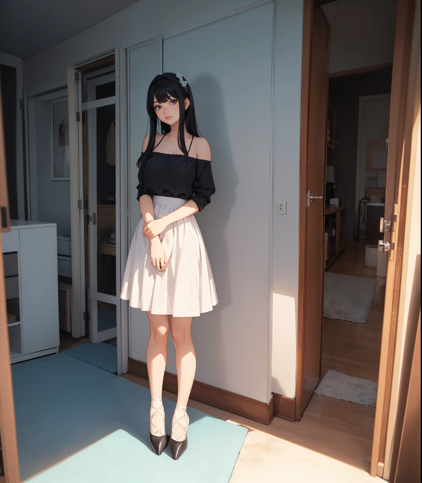 (masterpiece, best quality), beautiful woman, 23 years, soft light, ((ballerina skirt)), bare shoulders, cleveage, long hair, long twintails, hairbows, black hair, alluring, big georgeous eyes, soft smile, perfect slim fit body, blue heels, realistic background, elegant apartment, minimalistic apartment, realistic background, bright colors, full body shot, fullbody, medium breasts, solo, cleveage, sexy