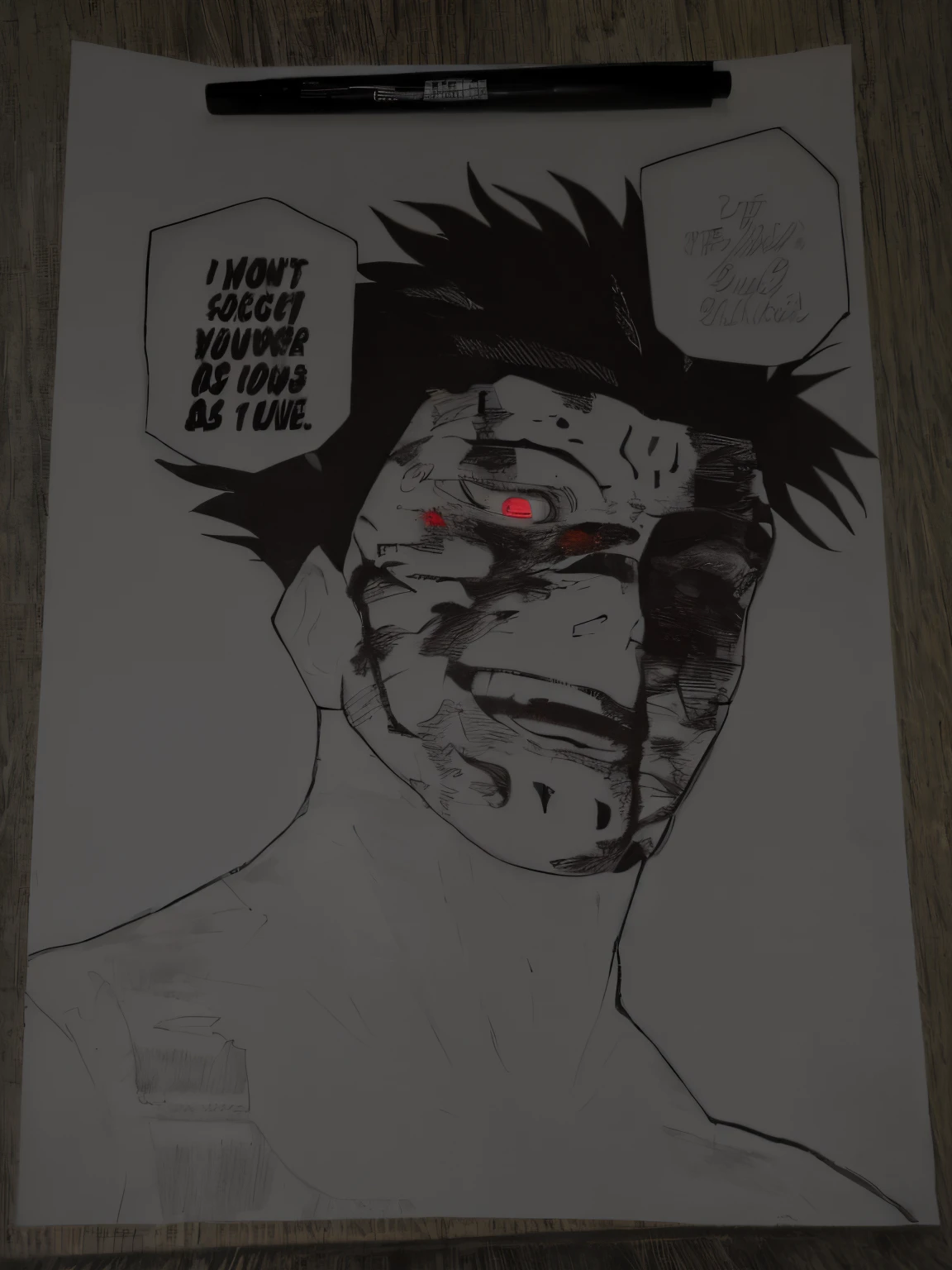 drawing of a man with red eyes and a sign that says don't go to hell for, Tetsuo, Akira, inspirado em Ryuzaburo Umehara, as the colossal titan, pencil and ink manga drawing, as an ugly titan, pencil and ink manga, rosto marcado, Coringa como Naruto, kentaro miura manga art style