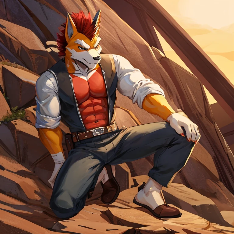 Obra maestra, 8k, masculino, atletico, zorro antropomorfico, pelaje naranja, torso blanco, 9 colas largas, dark brown eyes, Face would be, cabello negro, peinado Mohawk, sin camisa, solo pantalones de mezclilla apretados
