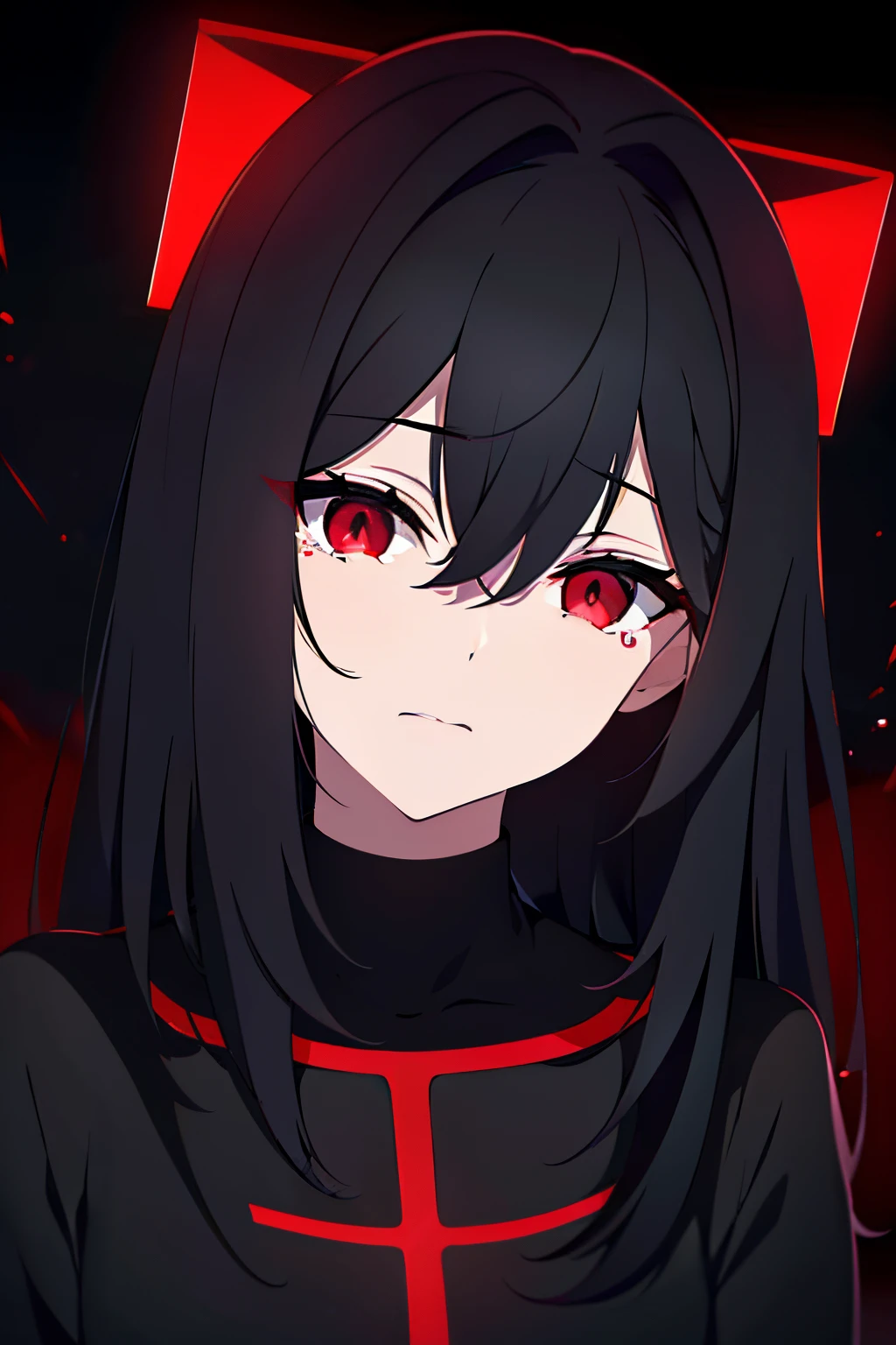 scene:0.9, (masterpiece), best quality, (((ultra detailed, 8k quality))), looking at viewer, (black hair, side bang, expressive red eyes:0.7, glowing red eyes), (depth perception:0.7, black background, blurry background), ((torso)), ((centered)), feminine, sad, lonely, crying, distraught face, surrounded by darkness, (distanced), ((in the distance surrounded by darkness)), (head tilted up), looking at viewer , (perfect hand)