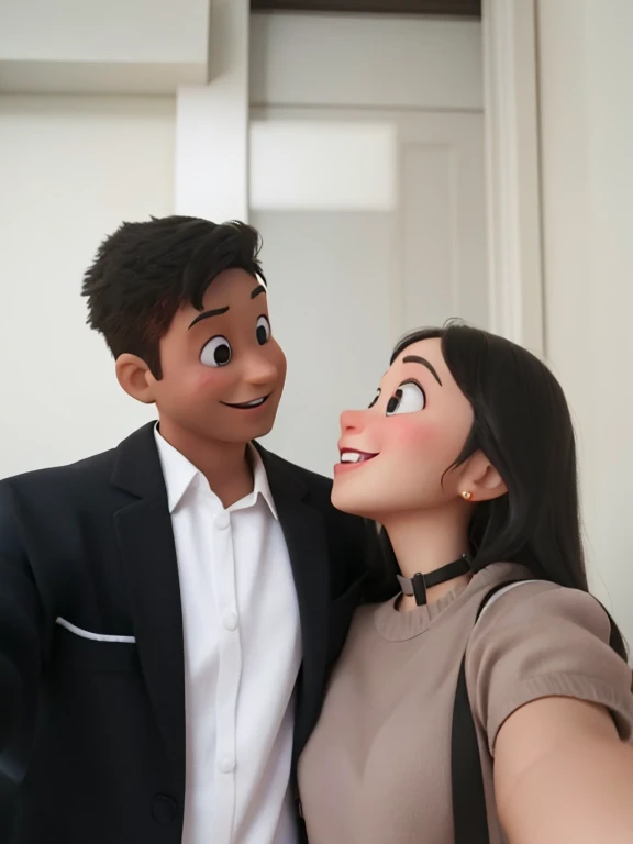 A disney pixar of a couple. they are looking at each other and smiling for the camera, couple pose, smooth in _ the background, kissing together cutely, in love selfie, with her long, lovely couple, selfie shot straight on angle, photoshoot, photo shoot, high quality upload, taken at golden hour, 📷 mungojerrie and rumpleteazer, tumblr. 3D image.