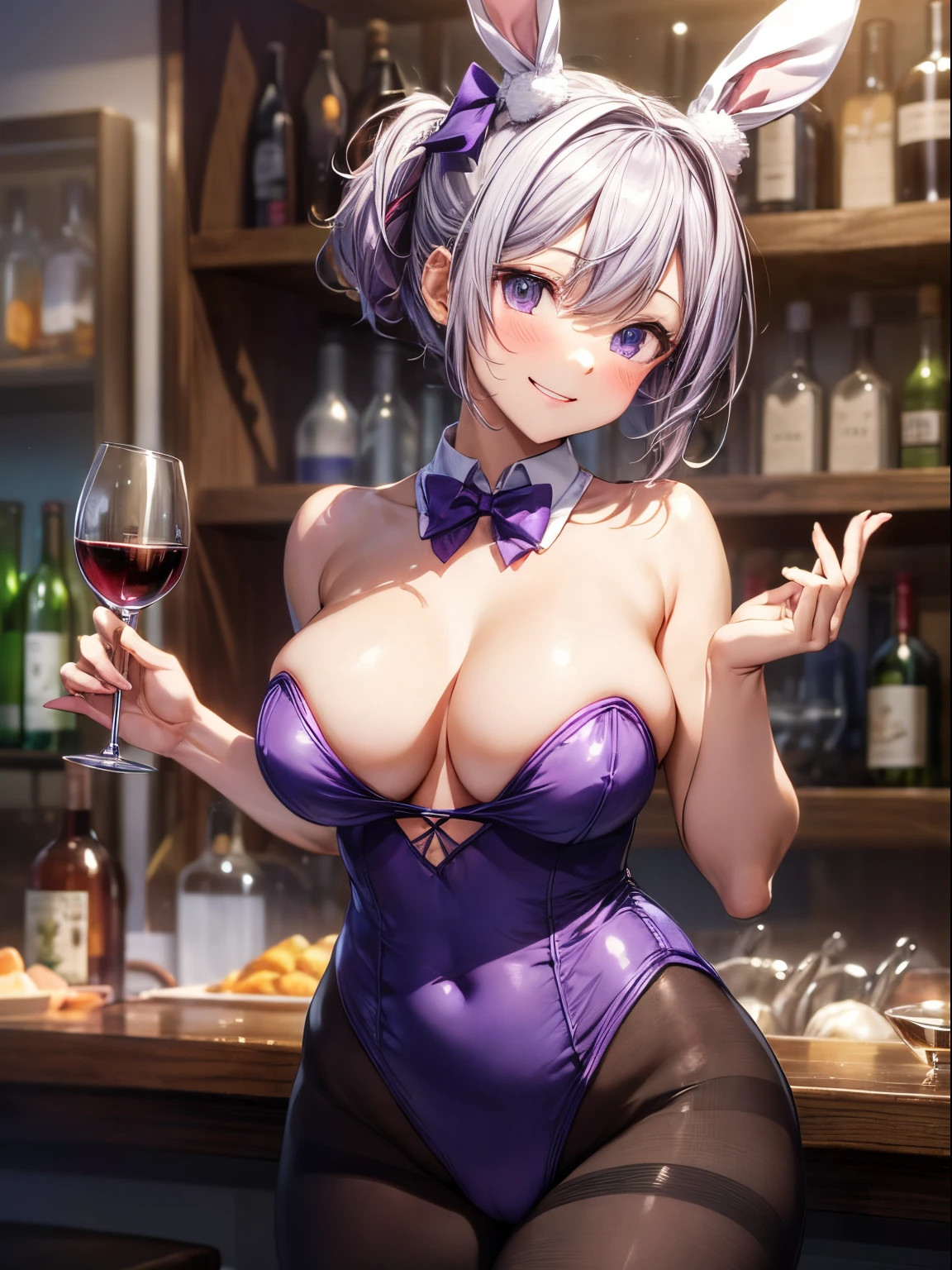 top-quality、Full limbs、complete fingers、1girl in、((one beautiful women、独奏))、Beautiful Large Breasts、Short bob hair、Purple hair、bunnygirl、(purple bunny girl leotard:1.3)、Purple bow tie、Brown pantyhose、Naughty Poses、A big smile、Drunk、Stylish bar、Wine bottles、a bar counter、Sake shelf、I'm fluttering