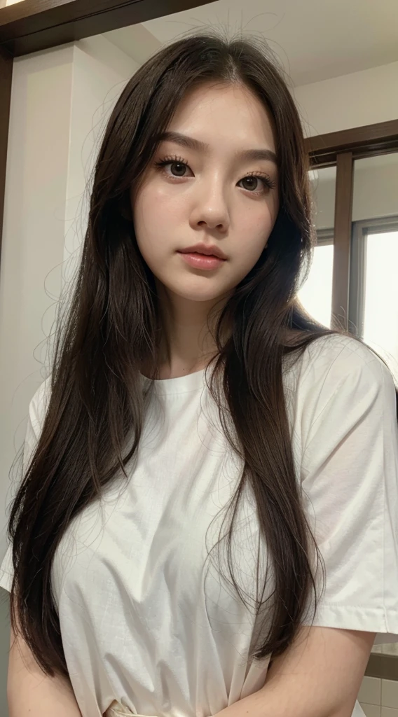 a close up of a person with long BRUNETTE HAIR wearing a BLACK regatta  Ulzzang, JENNIE KIM, pale porcelain white skin, Korean girl, pale fair skin!!, pale glowing skin, pale round face, popular South Korean makeup, South Korean woman beautiful korean, popular korean makeup, beautiful aesthetic face, headshot profile picture, JENNIE KIM