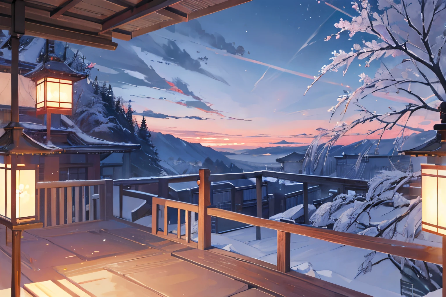 hermoso paisaje de anime, hd, alta resolucion, paisaje naturaleza, japones, noche, balcon, ventanales grandes, rectos, velas, romantico