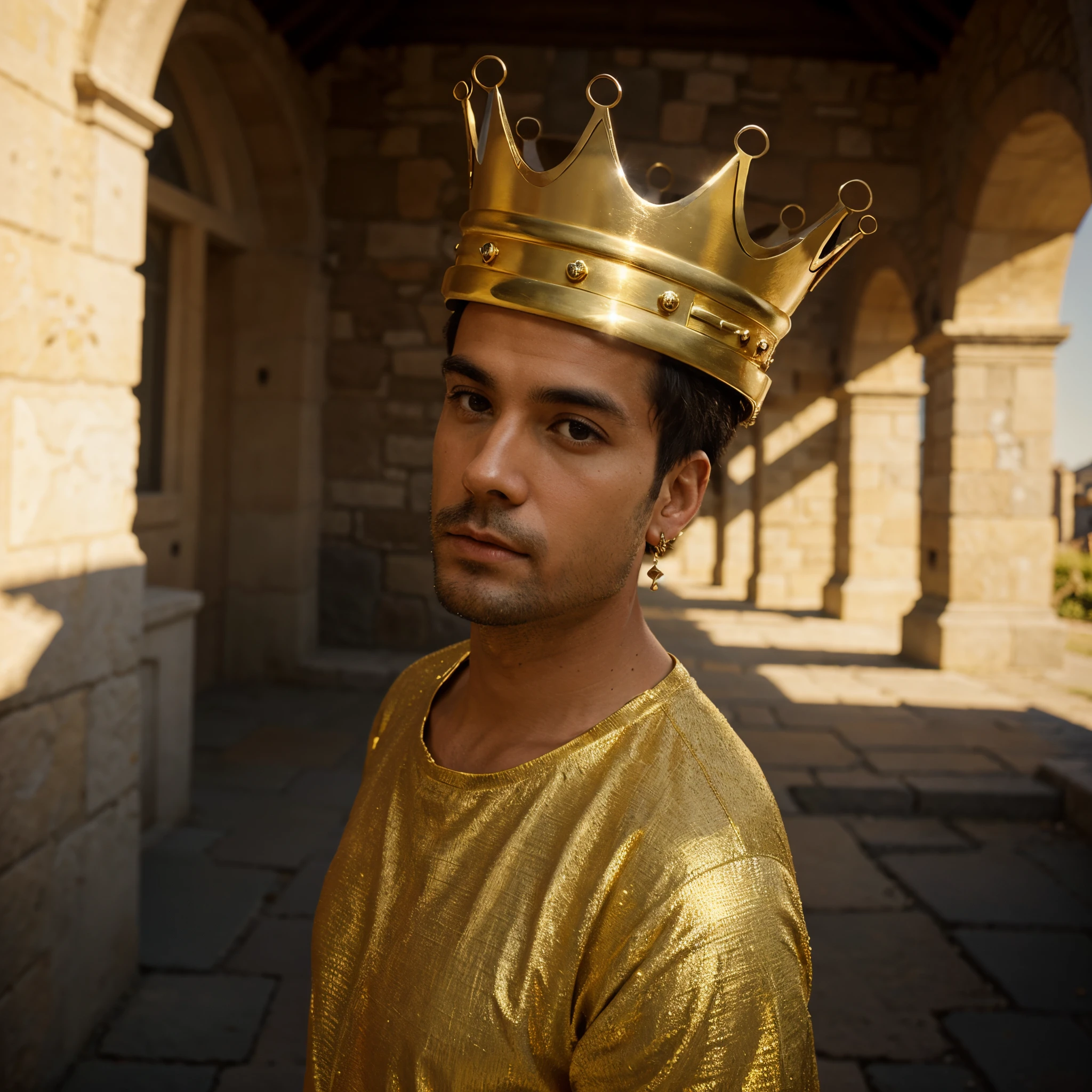 A man king wearing a crown of pure gold and diamonds, in a sunny castle courtyard