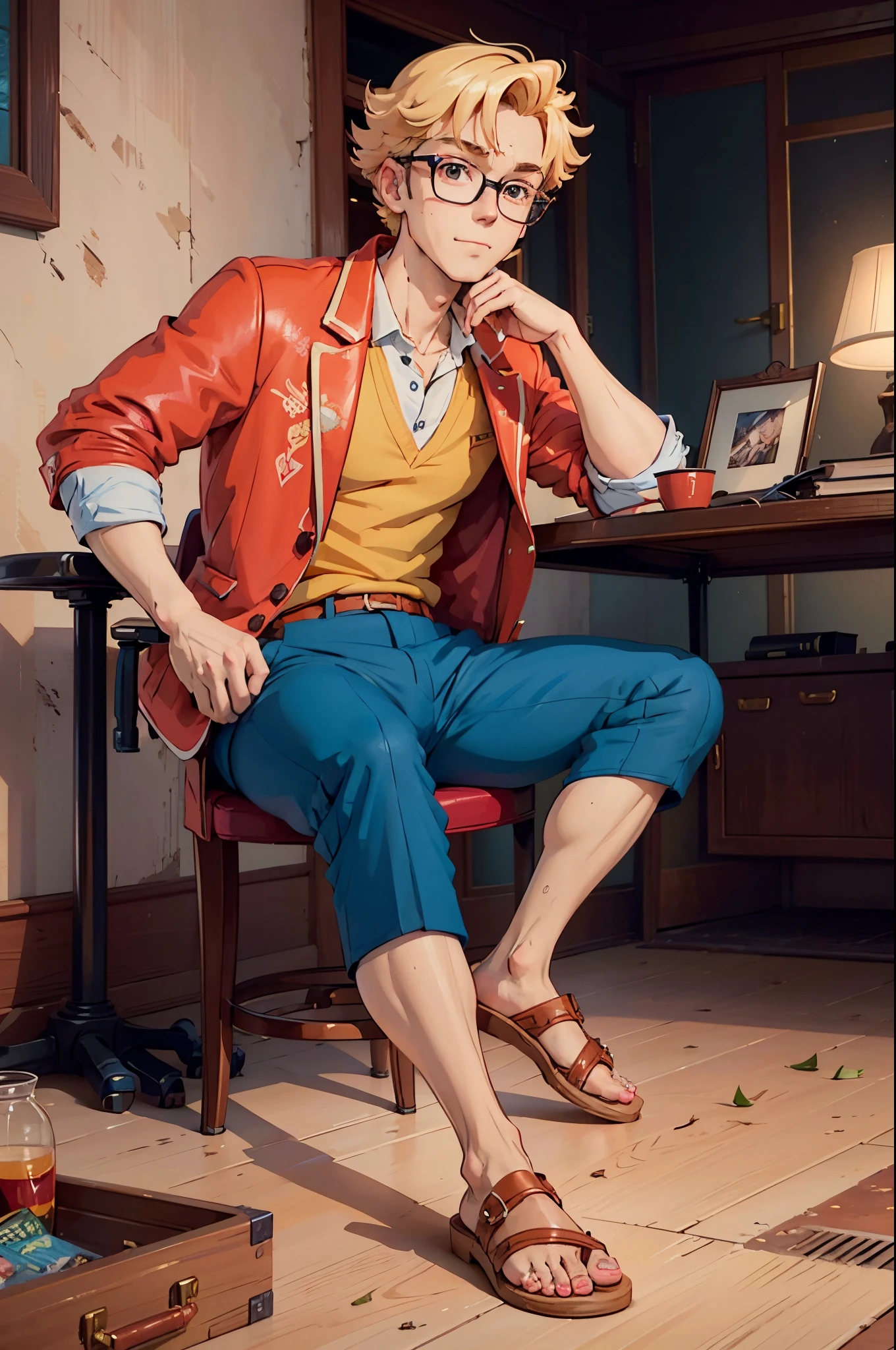 Overweight, teenage rich boy with (blonde hair) and round glasses, wearing a (red polo shirt) under a (blue suit jacket), wearing (tan shorts) and (brown sandals), smirking; (((Best quality))) master piece vector illustration; anime character in sharp focus; detailed and vibrant anime face;  character design; beautiful and vibrant digital art, hyperdetailed; overexaggerated features; Dynamic Lighting; Volumetric Lighting in 8k, Ultra Sharp Focus; intricate Artwork Masterpiece