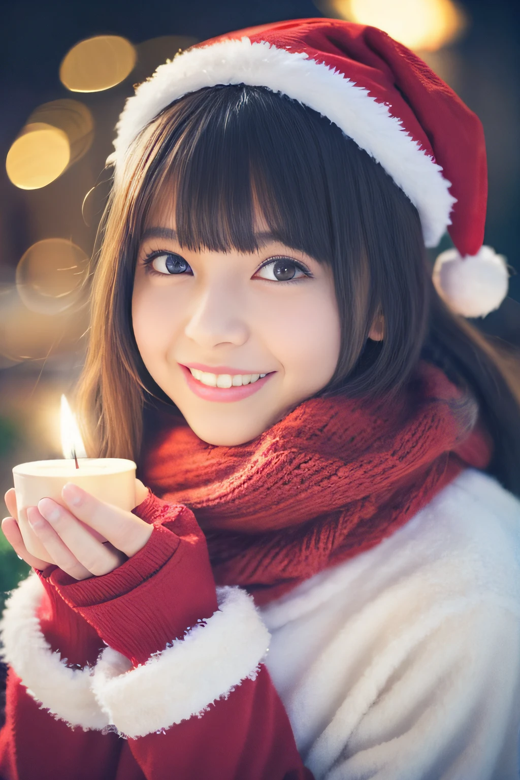 (Best Quality,Photorealistic,hight resolution),2girls,Beautiful detailed eyes,Beautiful detailed lips,Smiling,Laughing,Cute,Christmas Eve,Happy,having fun,Winters,Joyful,excited,Twinkling lights,Decorated Christmas Tree,clew,cosy atmosphere,Warm fireplace,magical moments,sparkling stars,Glowing candles,snowflakes falling,ground covered with soft snow,(Santa Cosplay)Fluffy scarves,Happy memories,cherish sisterhood,love and laughter、-yeld sirs、a baby face、Looking a camera、Present Box、