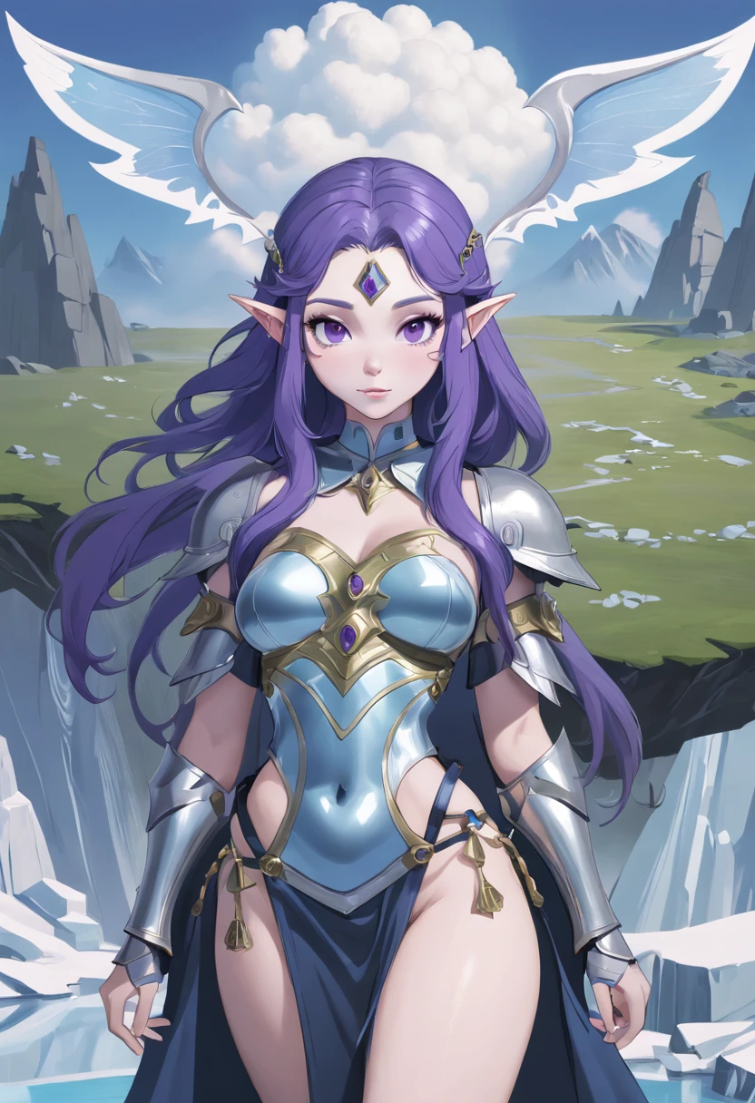 1 sister, sweetheart, Elf Arctic Dark Knight Lord , armour, , bombshell hair, Purple colored hair, long, Long, waist-length hair, tonedbody, athletic body build, Willow waist, middling, albinism, (Morning, blue-sky, cloud, scenecy, "At the ancient crystal":1)，Show own image quality