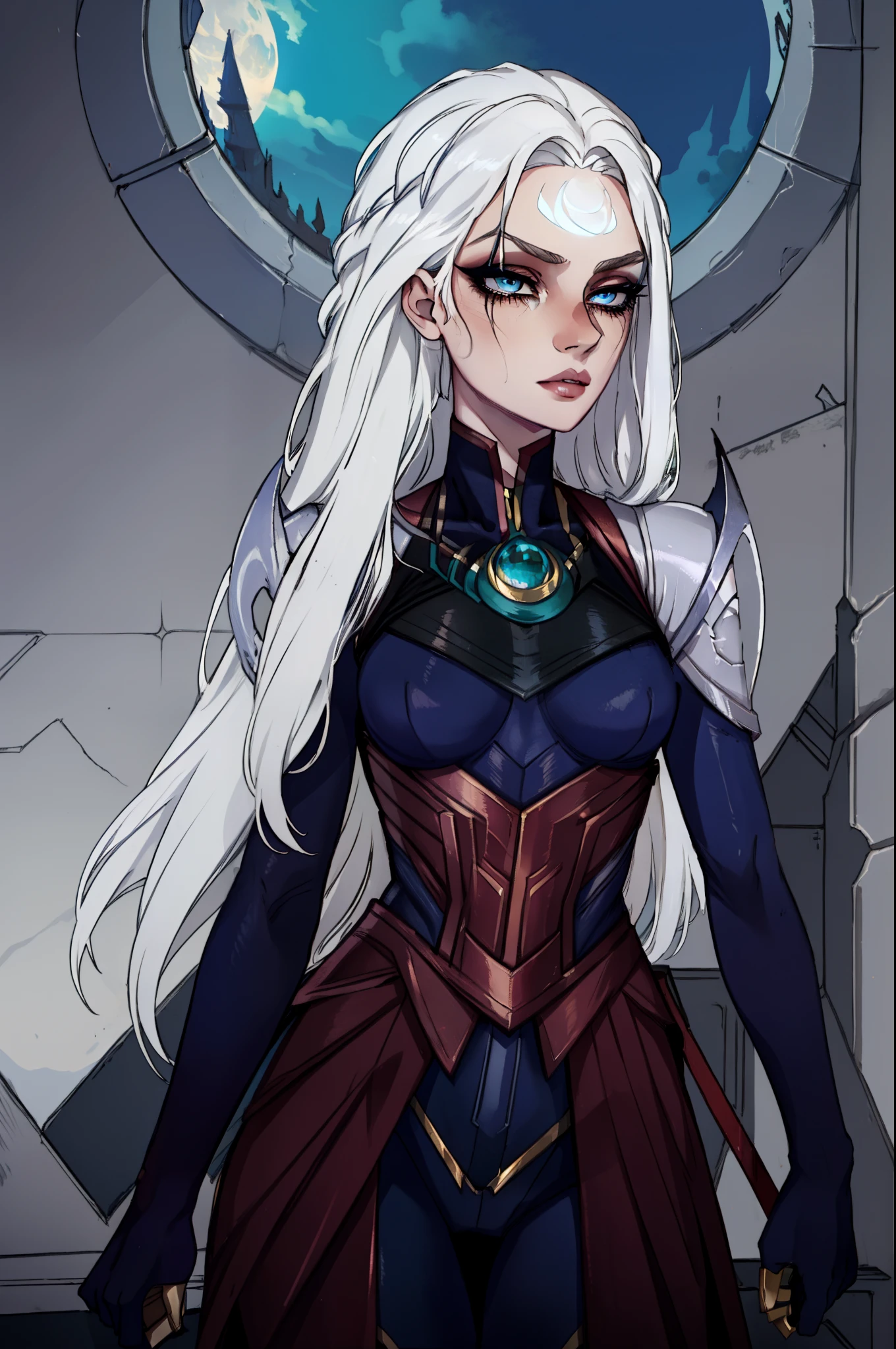 masterpiece, best quality, diana, dieague of legends\), 1girl, full dark navy blue bodysuit, dark makeup, straight white hair, white iris, portrait, pale skin, moon, tight clothing, standing, detailed, beautiful, dark clothing