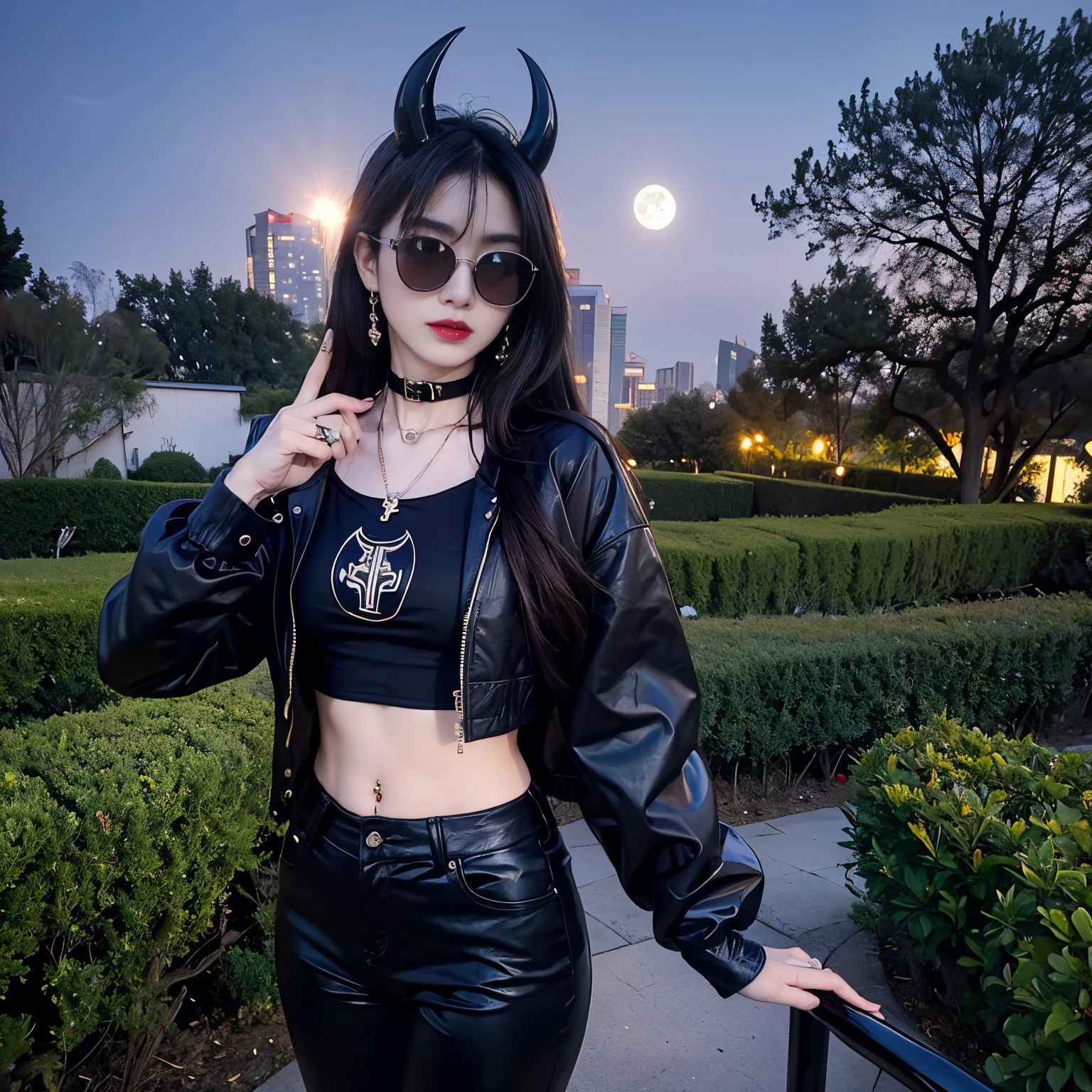 sunglasses, 1 girl with jesus, black pants, black jacket, long sleeves, halo, demon horns, standing on the garden, choker, midget, super villain, cross necklace, earrings, jewellery, jesus, jesus christ, cross tatto, sunglasses, evening with moon in the sky