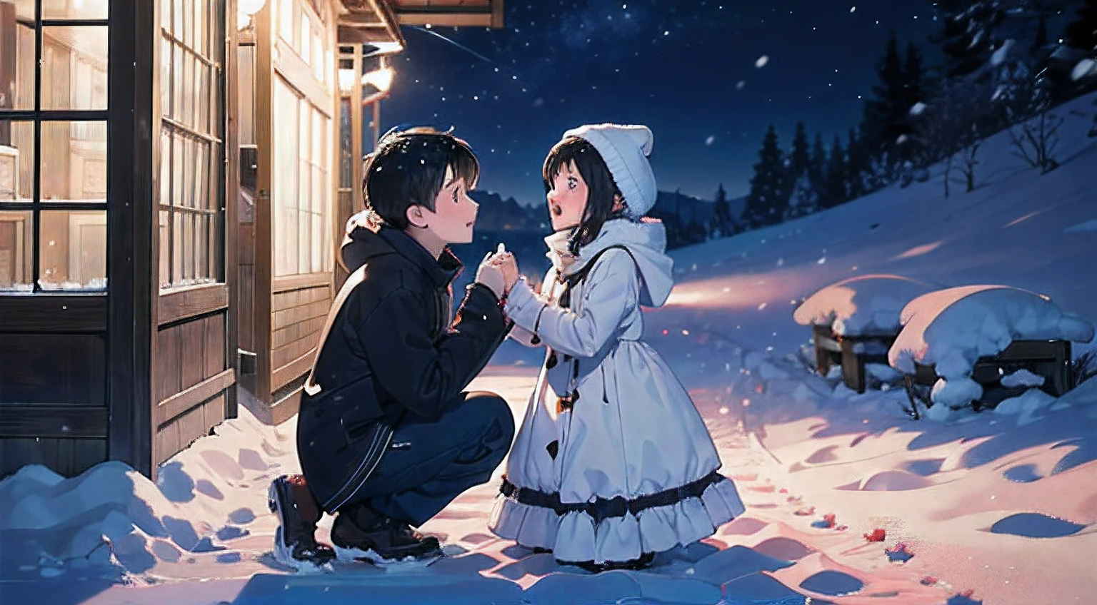 A young girl, Wearing a thin white dress，Standing next to a seated little boy, Kneeling in the snow, wearing winter clothes. it's night time，The ground  covered with snow，It's snowing. Young girl reaches out to him，The little boy looked up at her in surprise，photography of，hyper HD