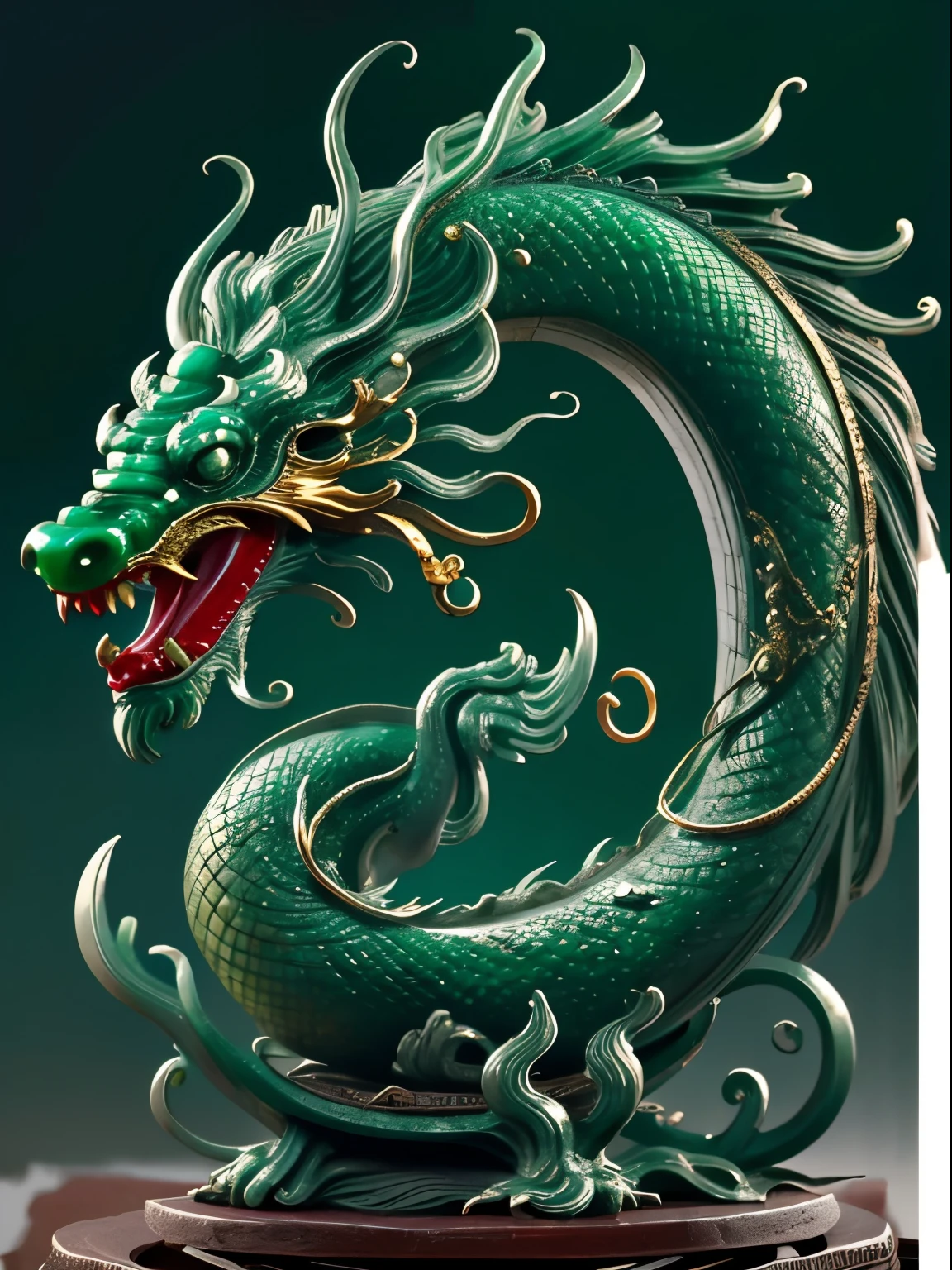 masterpiece,best quality,close up,gold line,green jade,loong,dragon,chinese dragon,fangs,gold scales,open mouths,claws,((jade sculpture)),pervious to light,winding,sculpture,still life,crafts,on the table,artware,