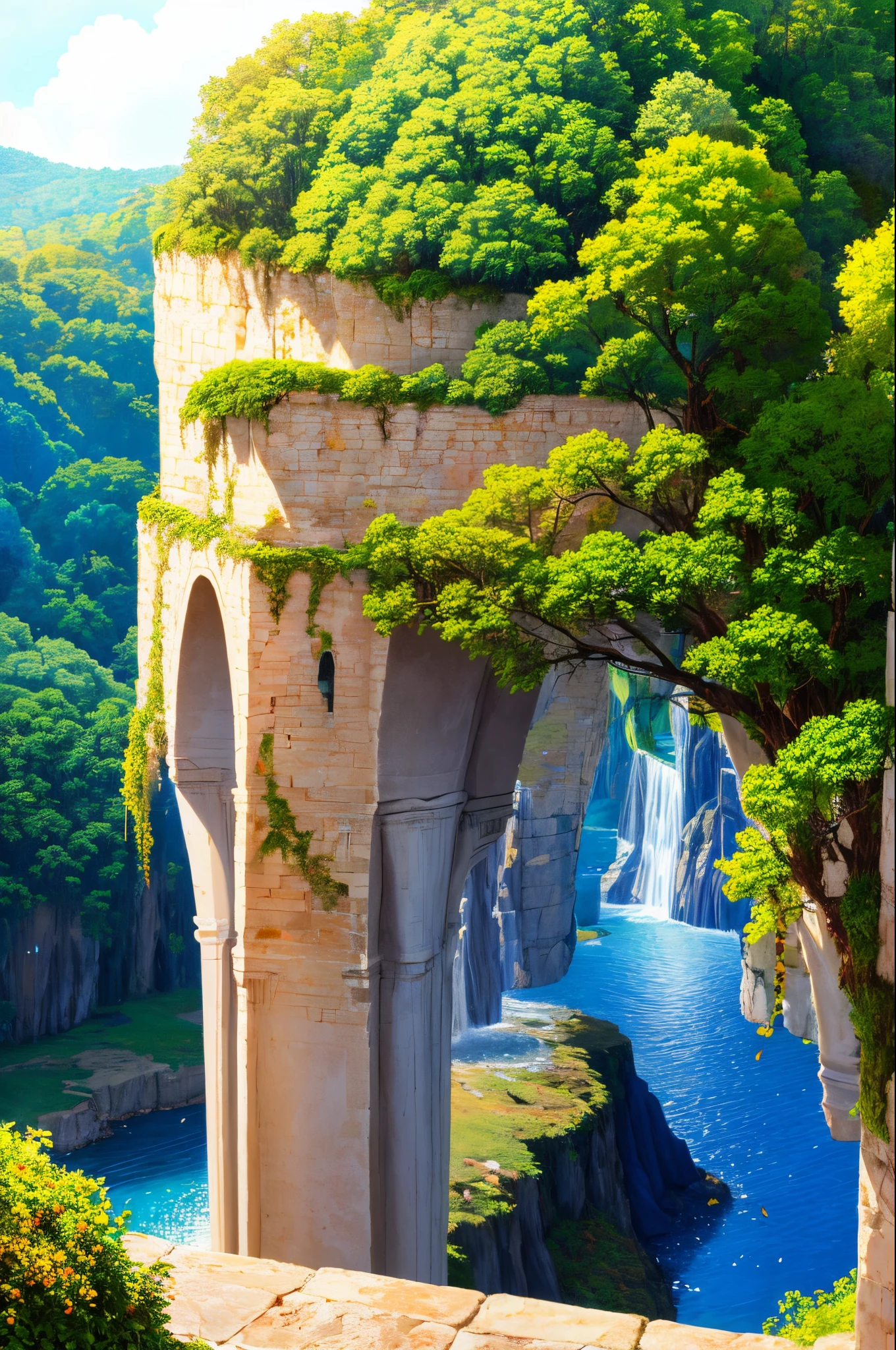 (um projeto de artista de um castelo flutuante na terra flutuante e floresta e fonte no ar, acima das nuvens e trovoadas)1.4, scenic view, scenecy, Sem humanos, A fantastic magical world, (best quality), (master part:1.Hotorealista:1.36), (Realistic), ultra-detalhado,, fundo do detalhe,,