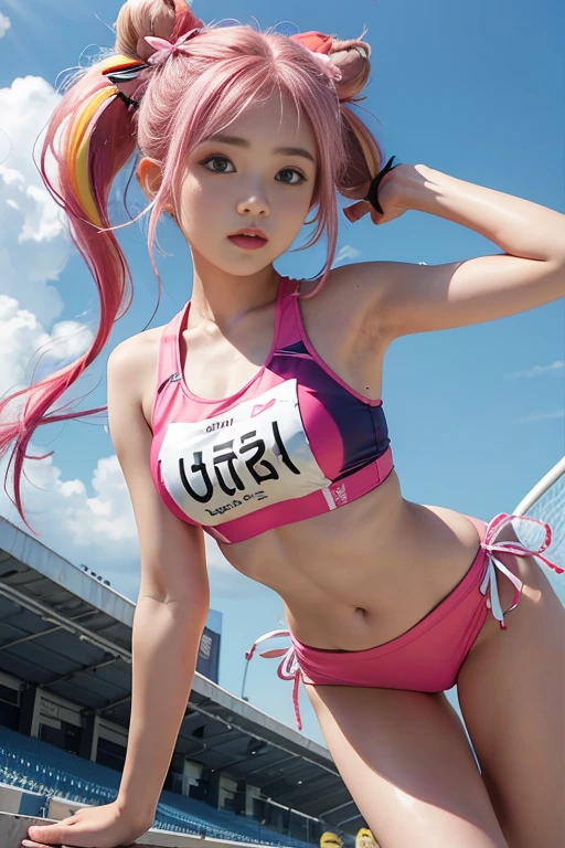 1girll,Twin-tailed,Colorful hair,Flying,Sportswear、Buruma,pink bows,-yeld fee model,Side,Thigh、swim wears、Colossal tits、A sexy、Futomo、Sports Festival